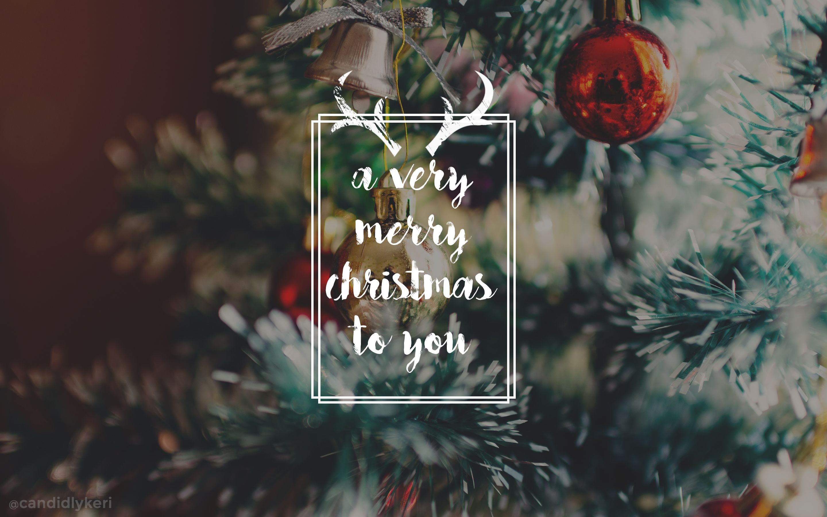 A Very Merry Christmas to You, Typografie, Tannenzweige, Christbaumkugel, Rentiergeweih, 2K-PC-Hintergrundbild