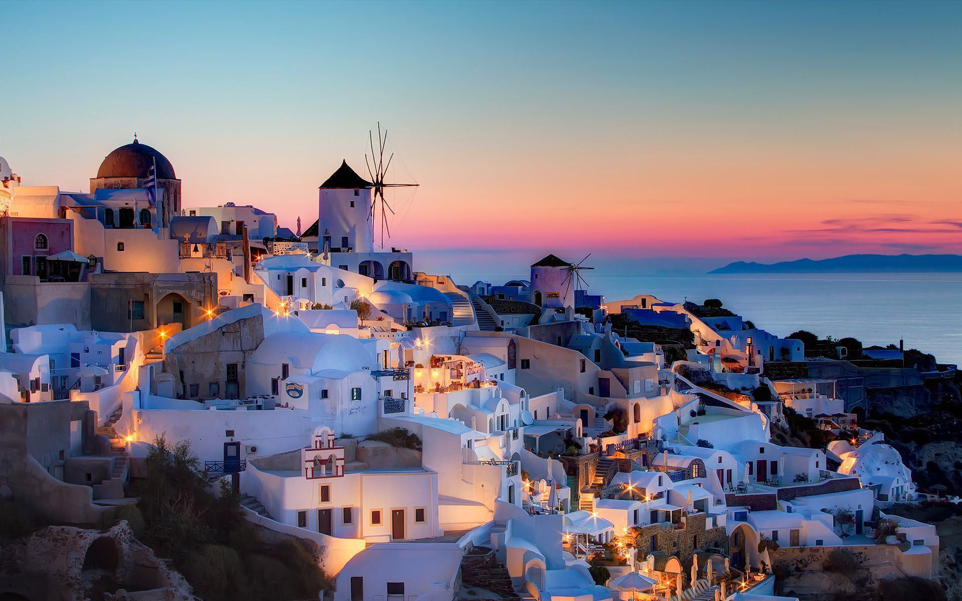 Santorini, Oia, Windmühlen, Abenddämmerung, Beleuchtung, Full-HD-Hintergrundbild für PC