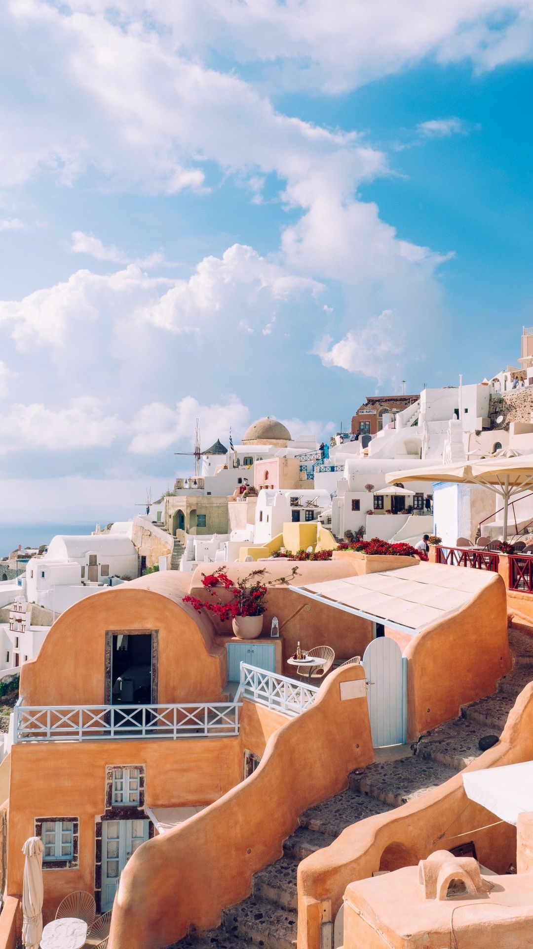 Santorin, Wolken, Weiße Häuser, Terrasse, Sommer, Full HD, Hintergrundbild fürs Handy