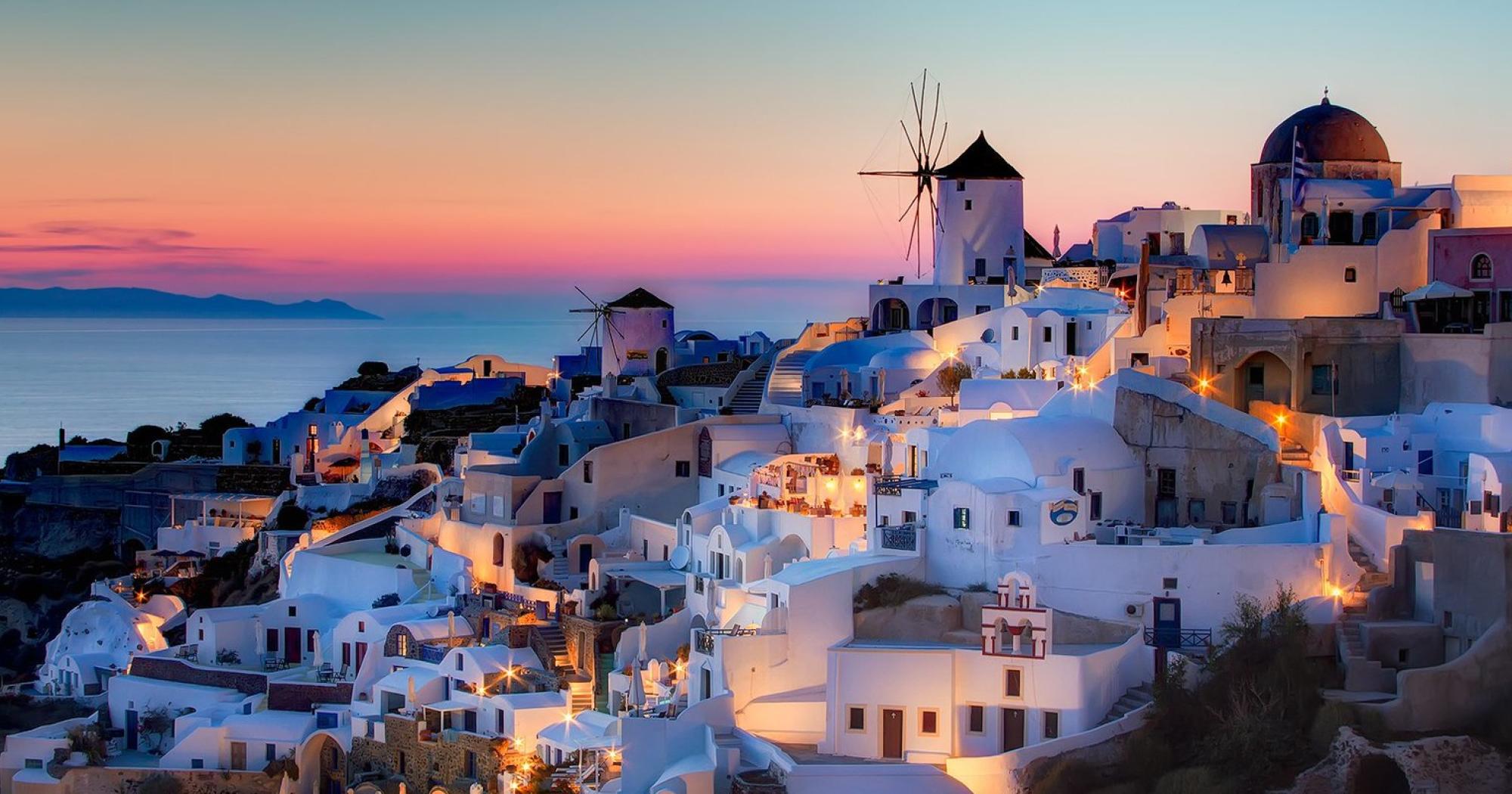 Oia, Santorin, Windmühle, Abendrot, Lichter, Griechenland, Full HD, PC-Hintergrundbild