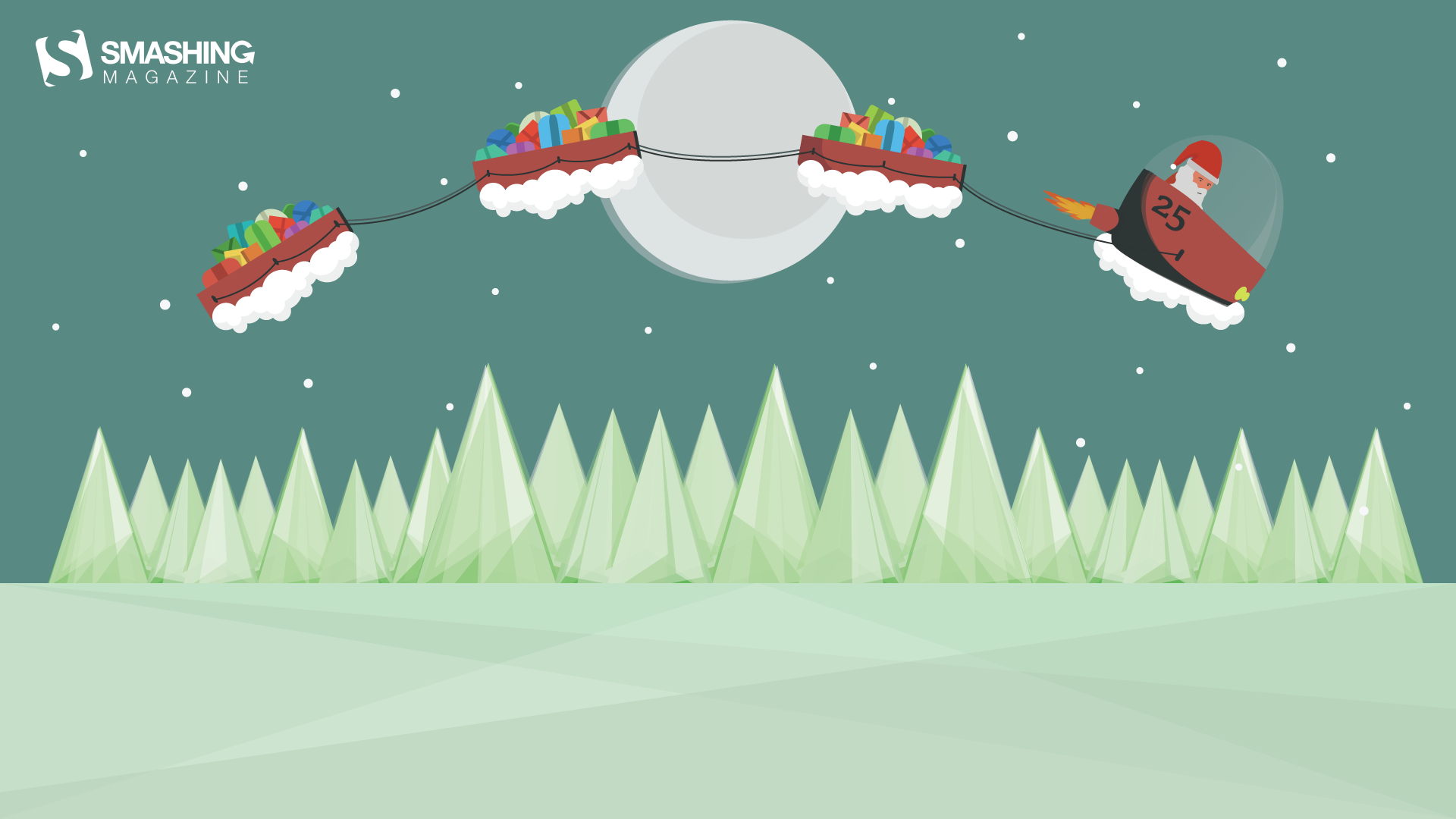 Weihnachtsmann, Schlitten, Vollmond, Illustration, Tannenwald, Grüne Töne, Full-HD-Hintergrundbild für PC