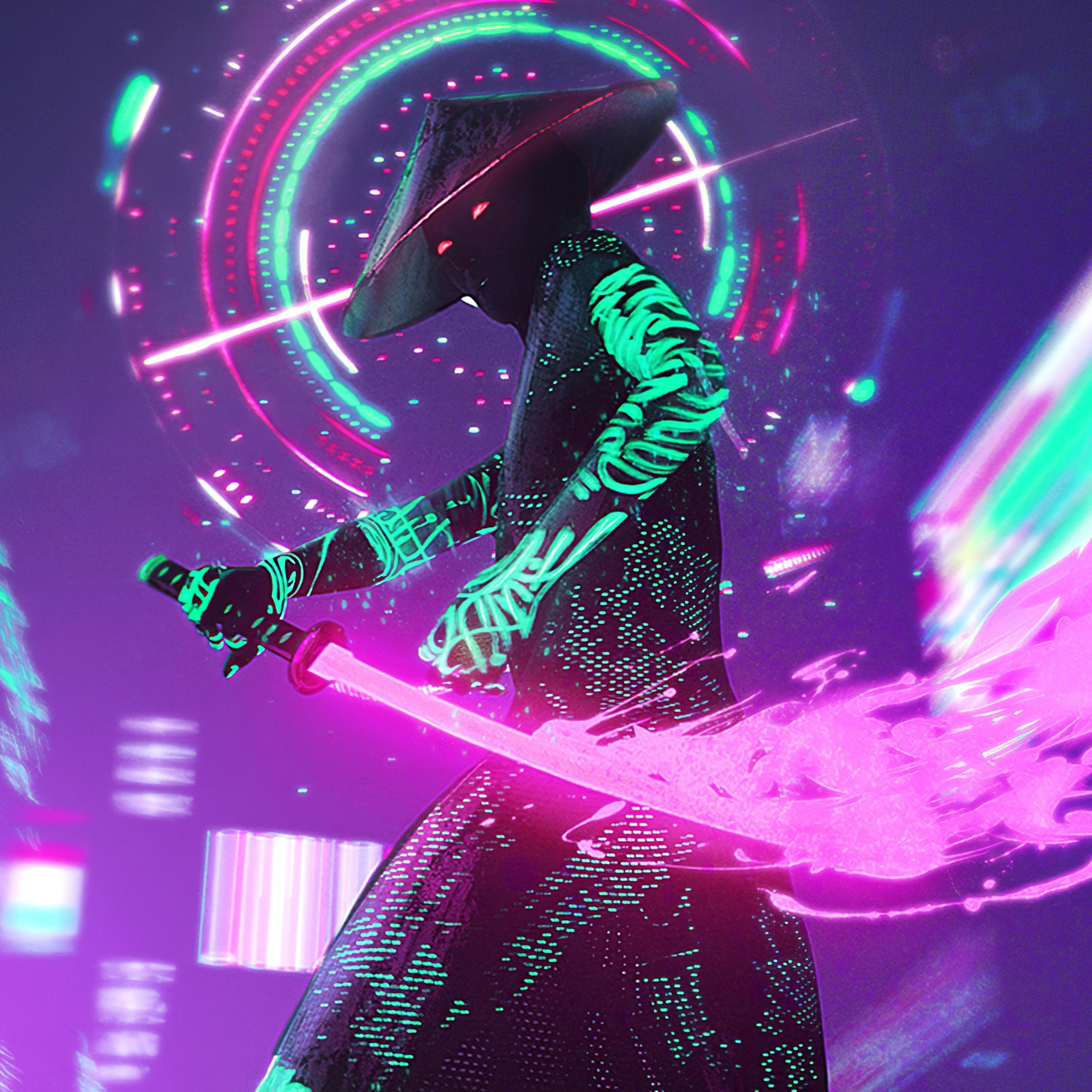 Samurai, Katana, Cyberpunk, Hologramm, Lila, Hintergrundbild für iPad und Tablet