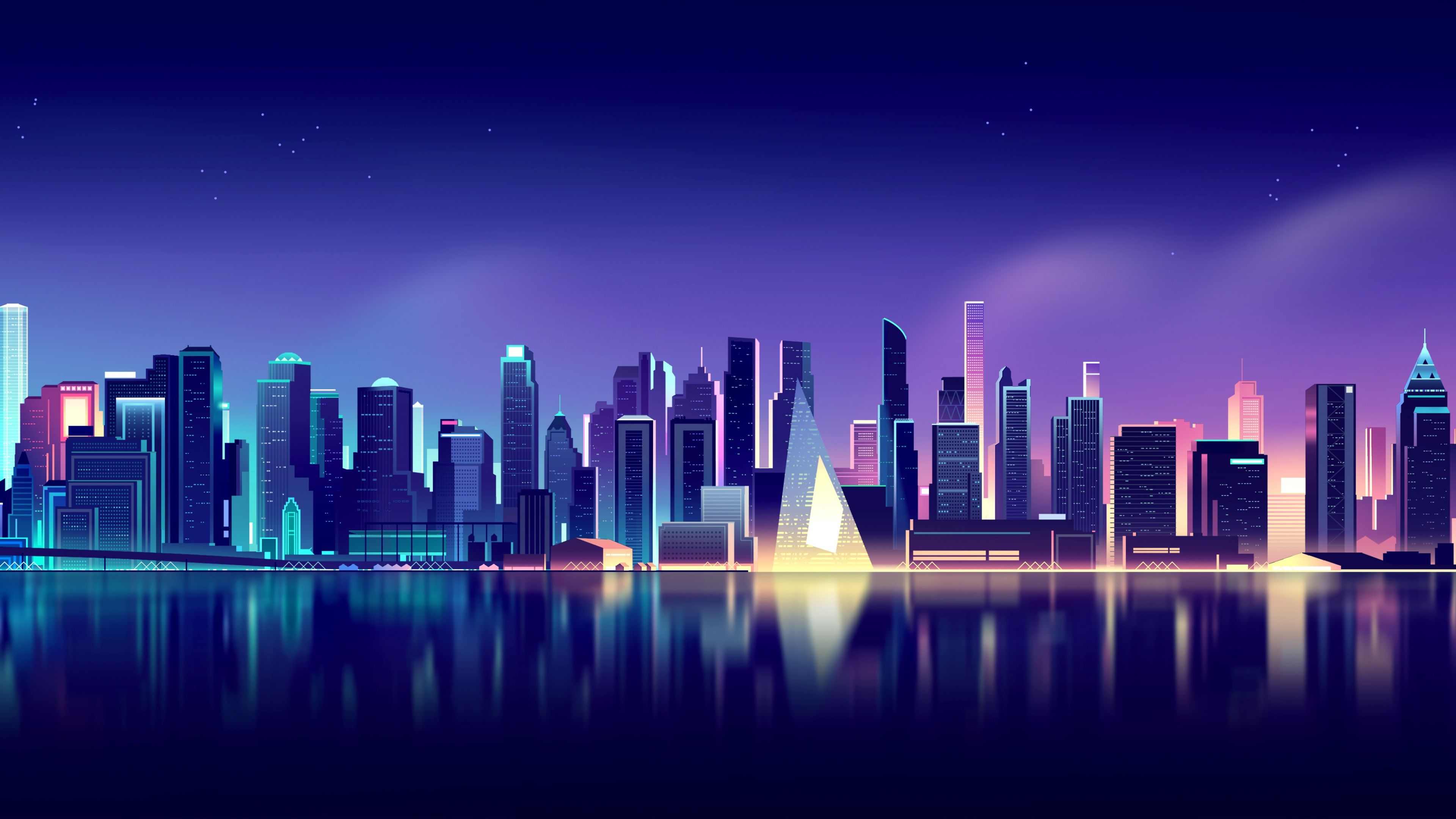 Skyline, Neonlichter, Wasserspiegelung, Digitale Kunst, Blauer Himmel, Nacht, Ultra-HD-Hintergrundbild