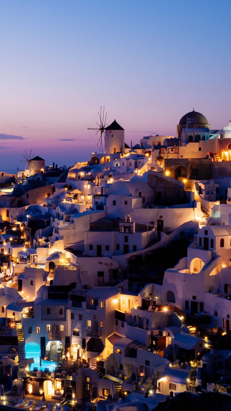 Oia, Santorin, Windmühle, Abenddämmerung, Lichter, HD, Sperrbildschirm fürs iPhone
