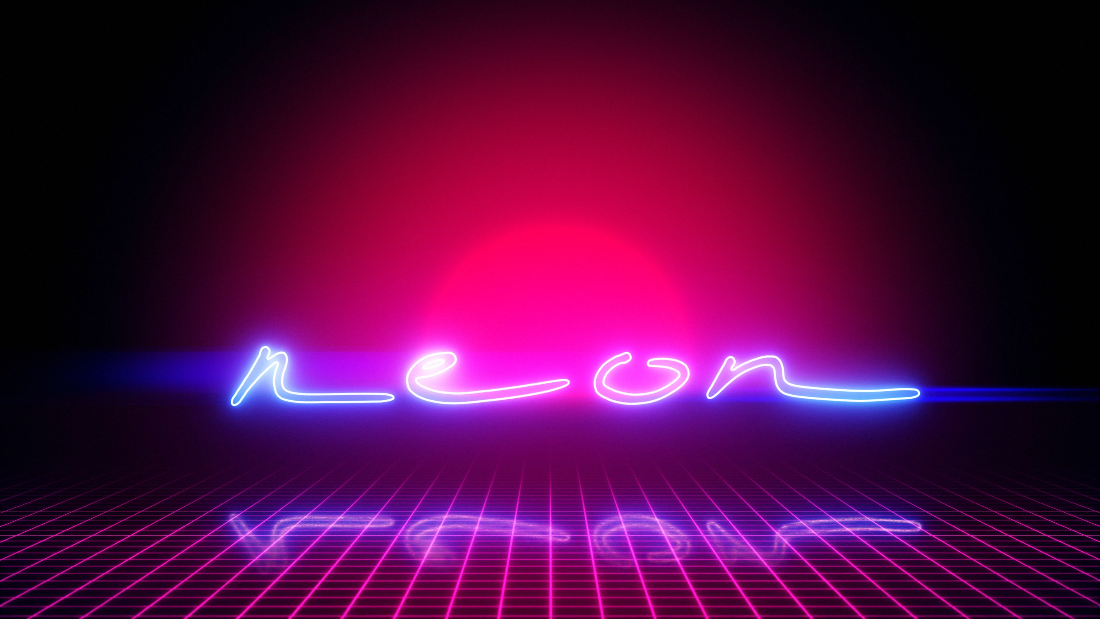 Neon-Schriftzug, Raster, Synthwave, Pink, Blau, 3840x2160, 4K-Hintergrundbild für PC