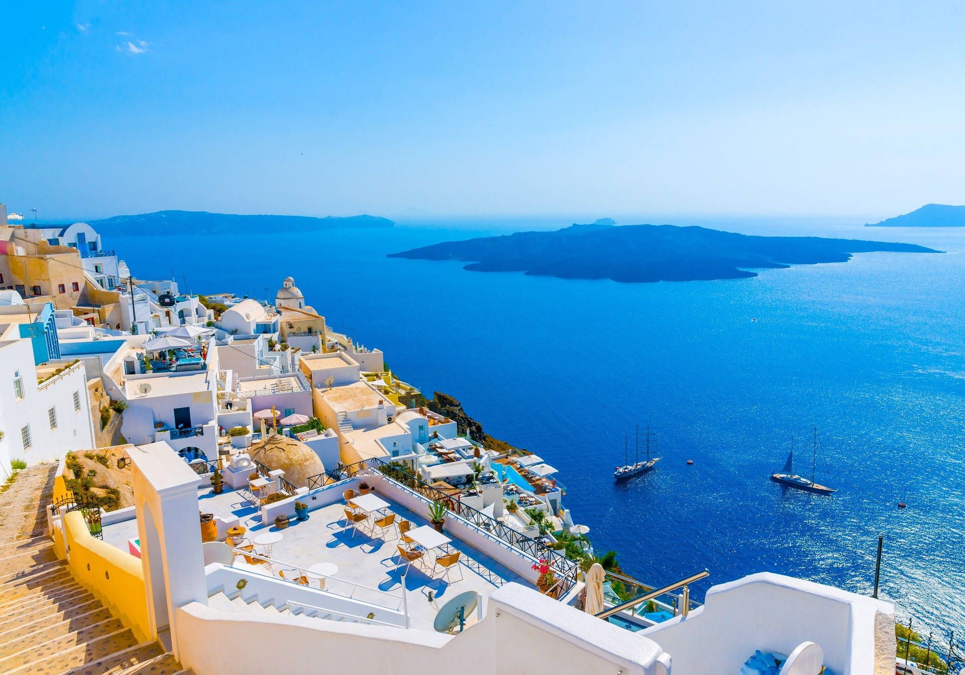 Santorin, Caldera, Nea Kameni, Ägäis, Segelboote, Full HD, Desktop-Hintergrund für Windows