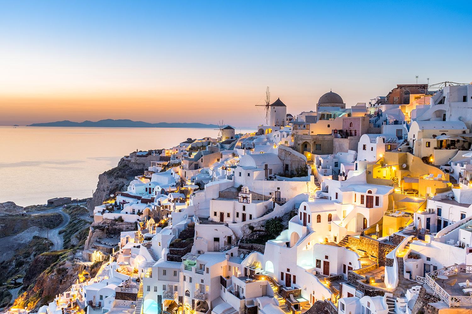 Oia, Santorin, Windmühle, Sonnenuntergang, Lichter, HD, Hintergrundbild für den PC