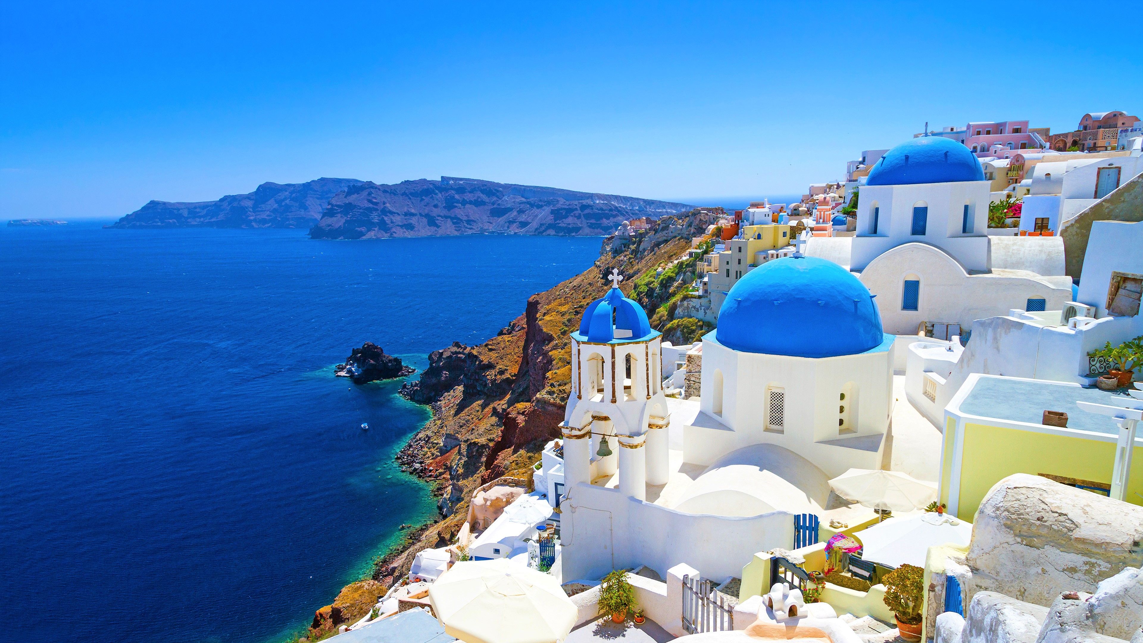 Santorin, Blaue Kuppeln, Kirche, Caldera, Tiefblaues Meer, 4K, Desktop-Hintergrund