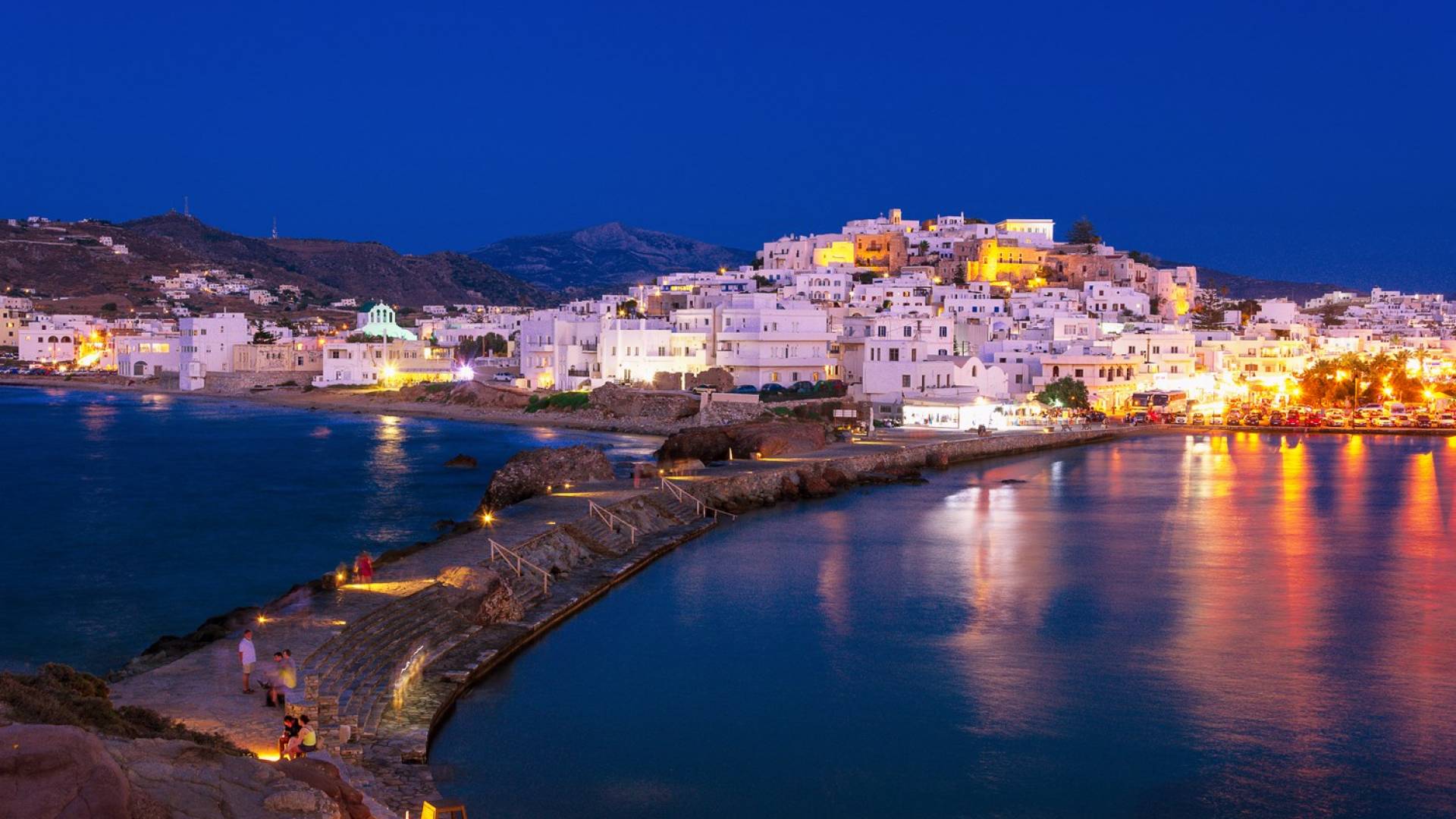 Naxos, Chora, Kykladen, Hafen, Nacht, Lichter, 1920x1080, Full-HD-Hintergrundbild für PC