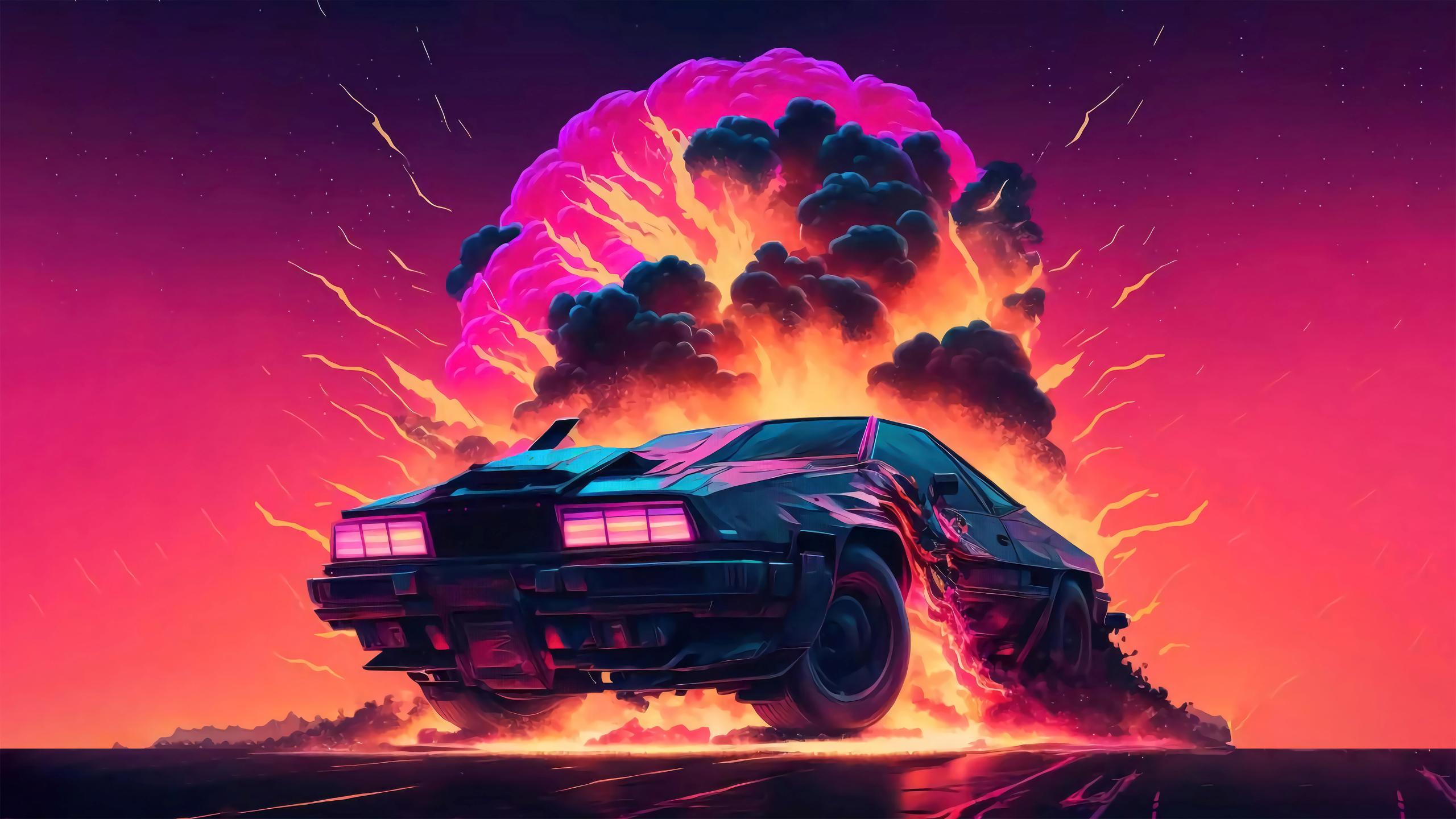 Auto, Explosion, Retrowave, Pink, Orange, Illustration, 2K, Desktop-Hintergrund für Windows