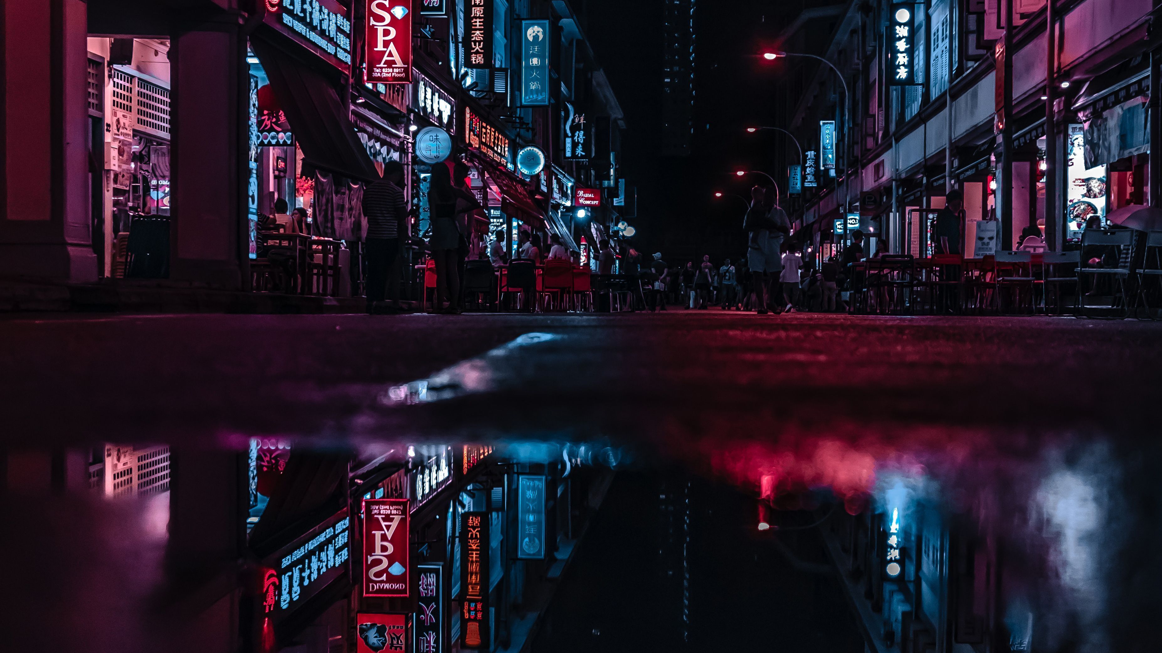 Straße, Pfütze, Spiegelung, Stadt bei Nacht, Neonschilder, 2K, Windows-Hintergrundbild