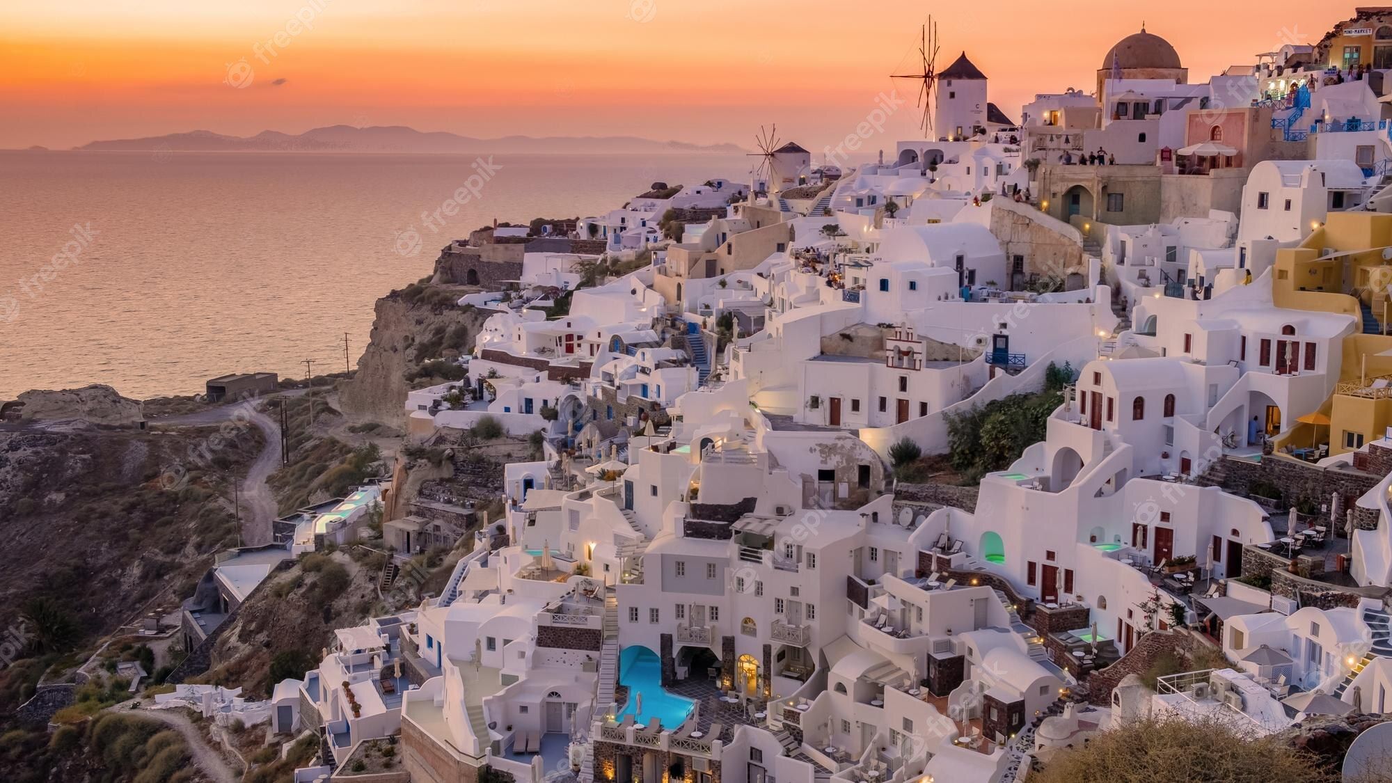 Oia, Santorin, Windmühle, Abendrot, Hanglage, 16:9, Full-HD-Hintergrundbild für den Desktop