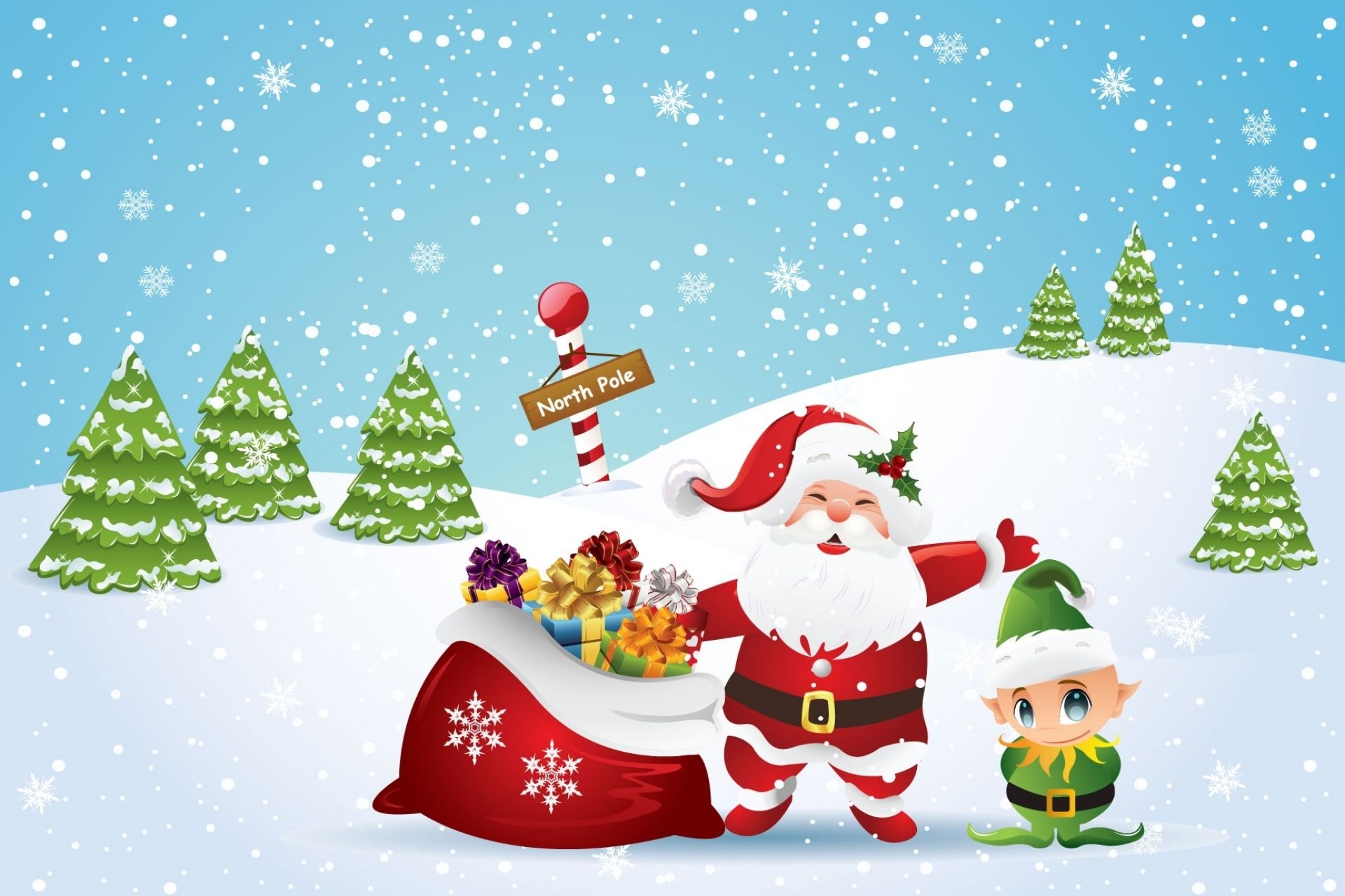 Weihnachtsmann, Elf, Geschenksack, Nordpol, Cartoon, Schneelandschaft, Full HD, Windows-Hintergrundbild