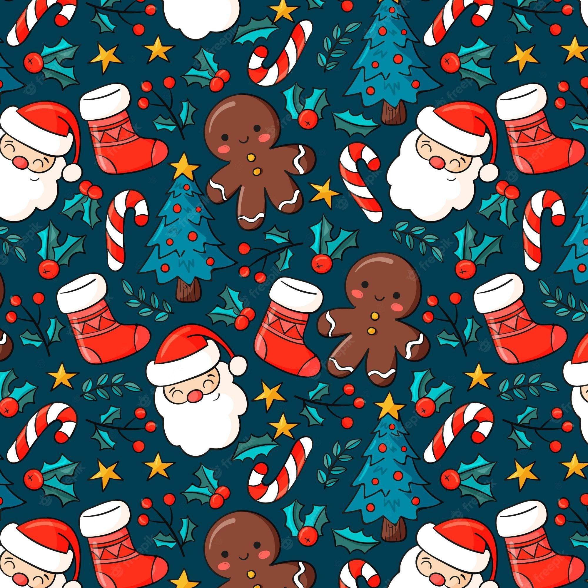 Muster, Weihnachtsmann, Lebkuchenmann, Zuckerstangen, Nikolausstiefel, Dunkelblauer Hintergrund, Full HD Wallpaper