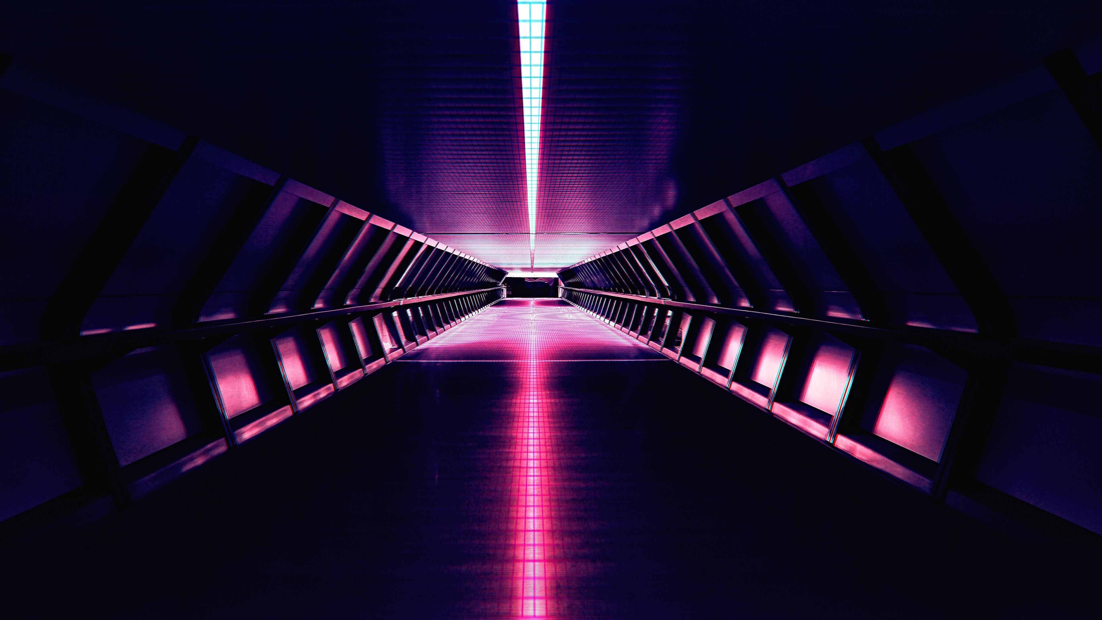 Korridor, Tunnel, Lila, Pink, Symmetrie, 4K, Hintergrundbild für den PC