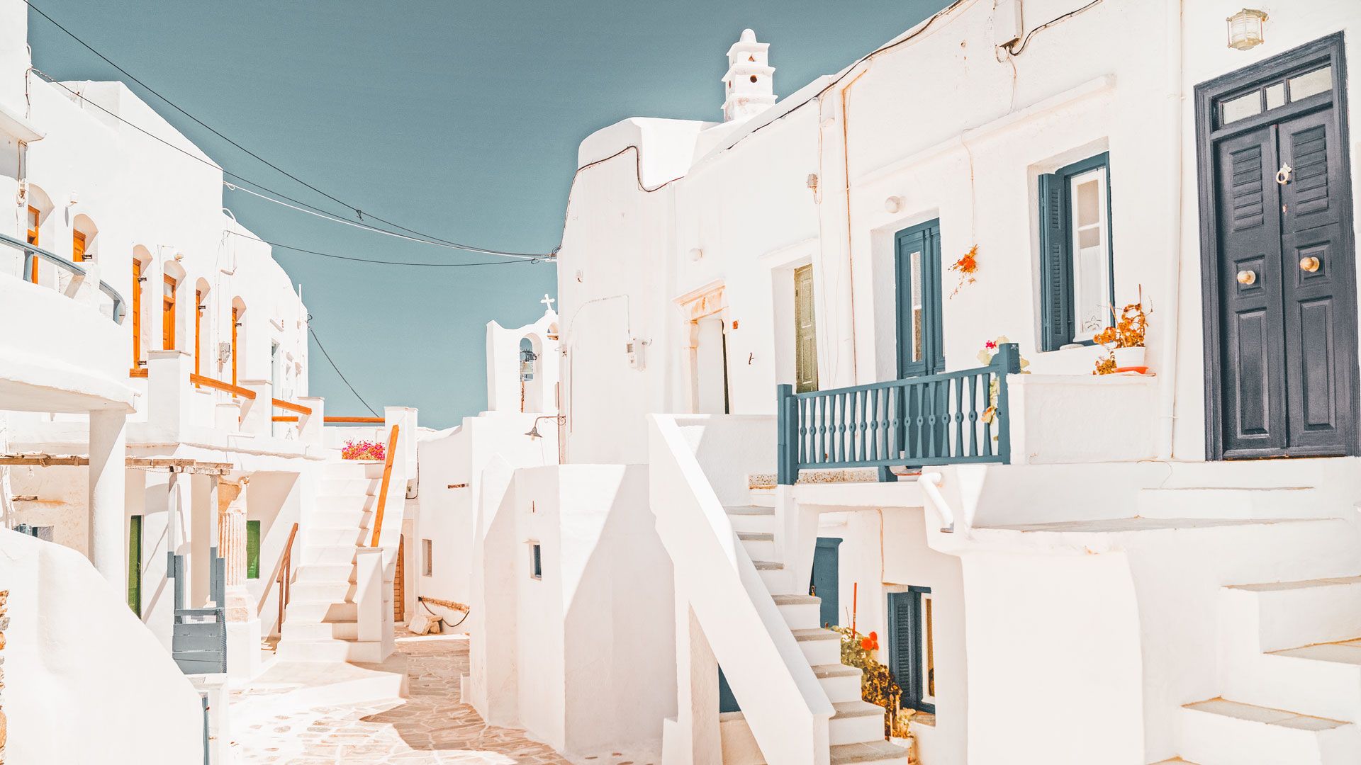 Gasse, Weiße Häuser, Treppen, Blaue Türen, Kykladen, Griechenland, Full-HD-Hintergrundbild für PC