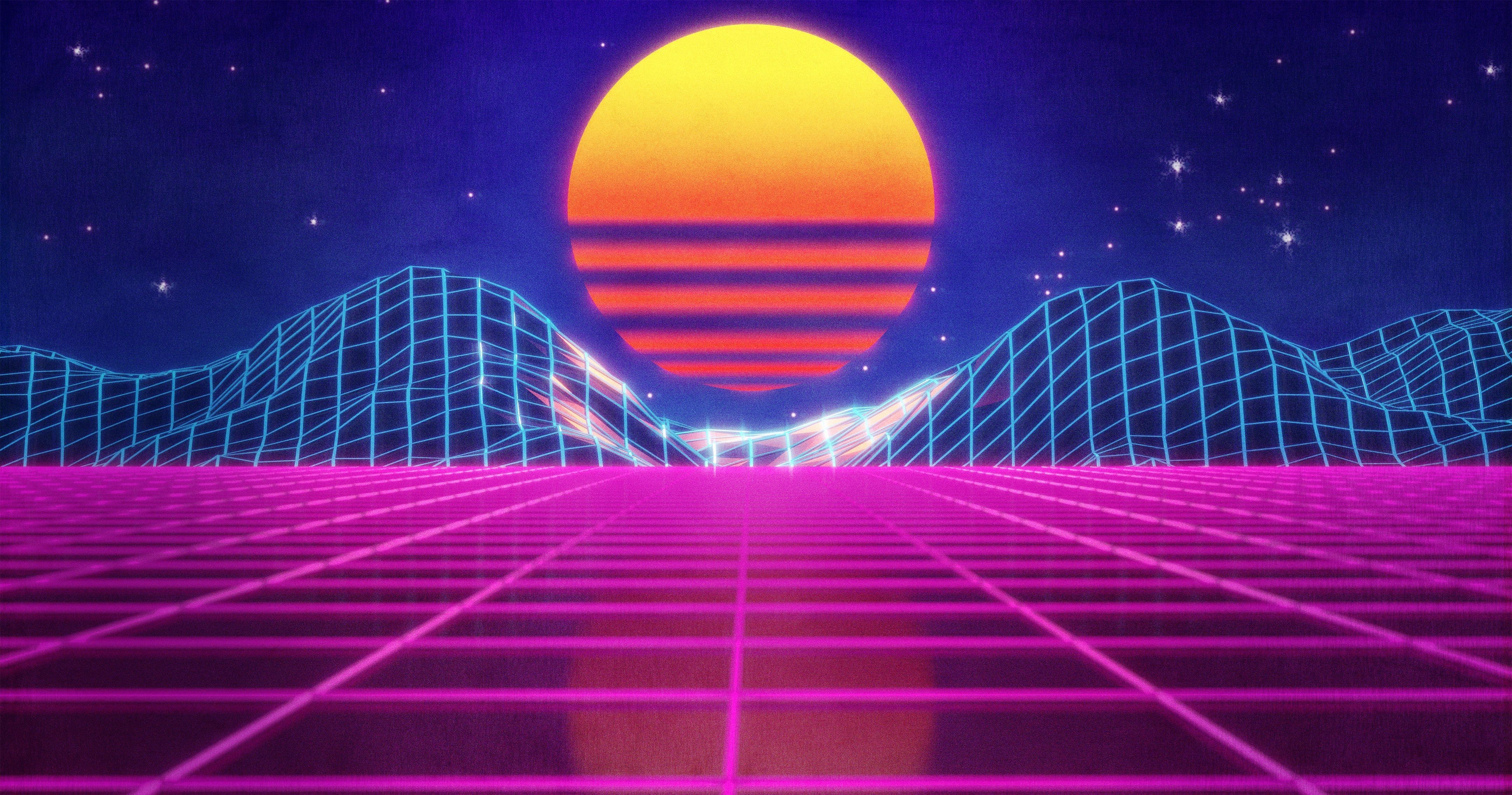 Synthwave, Retro-Sonne, Raster, Berge, Pink, Sterne, 4K, Hintergrund für den Desktop