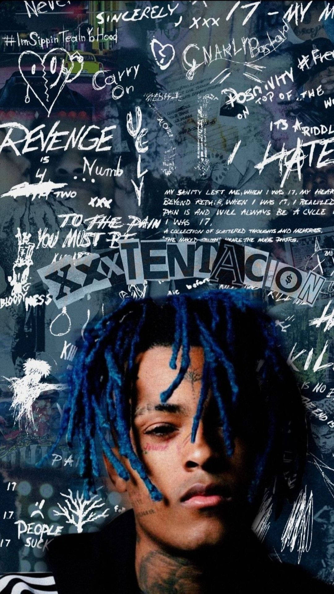XXXTentacion, Blaue Dreadlocks, Porträt, Schriftzüge, Graffiti-Collage, Dunkelblau, iPhone-Hintergrundbild