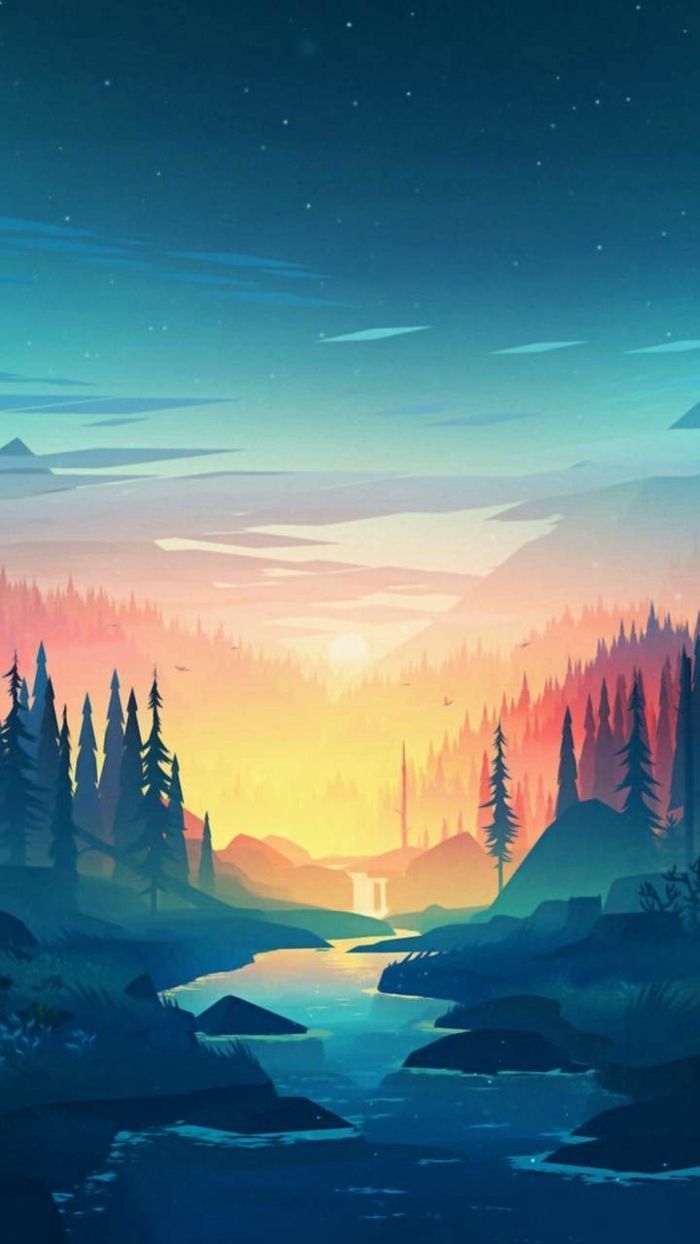 Flusstal, Wald, Sonnenuntergang, Illustration, Flat Design, Hochformat, Hintergrundbild fürs Handy