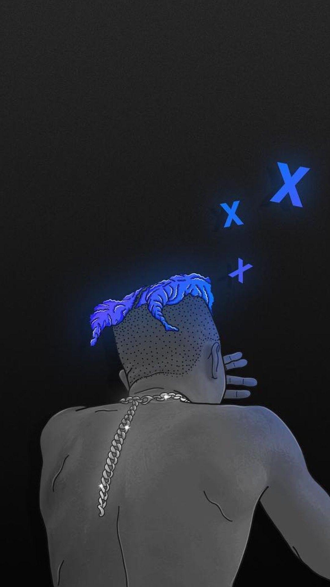 XXXTentacion, Rückenansicht, Blaue Haare, Neon, Schwarzer Hintergrund, Sperrbildschirm fürs iPhone