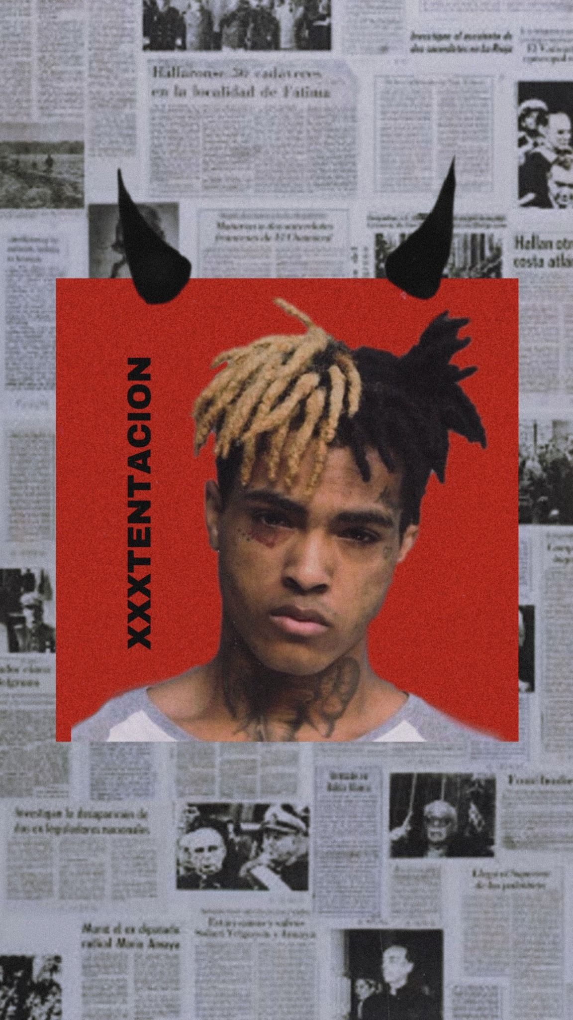 XXXTentacion, Teufelshörner, Zeitungscollage, Roter Hintergrund, Porträt, Sperrbildschirm fürs iPhone