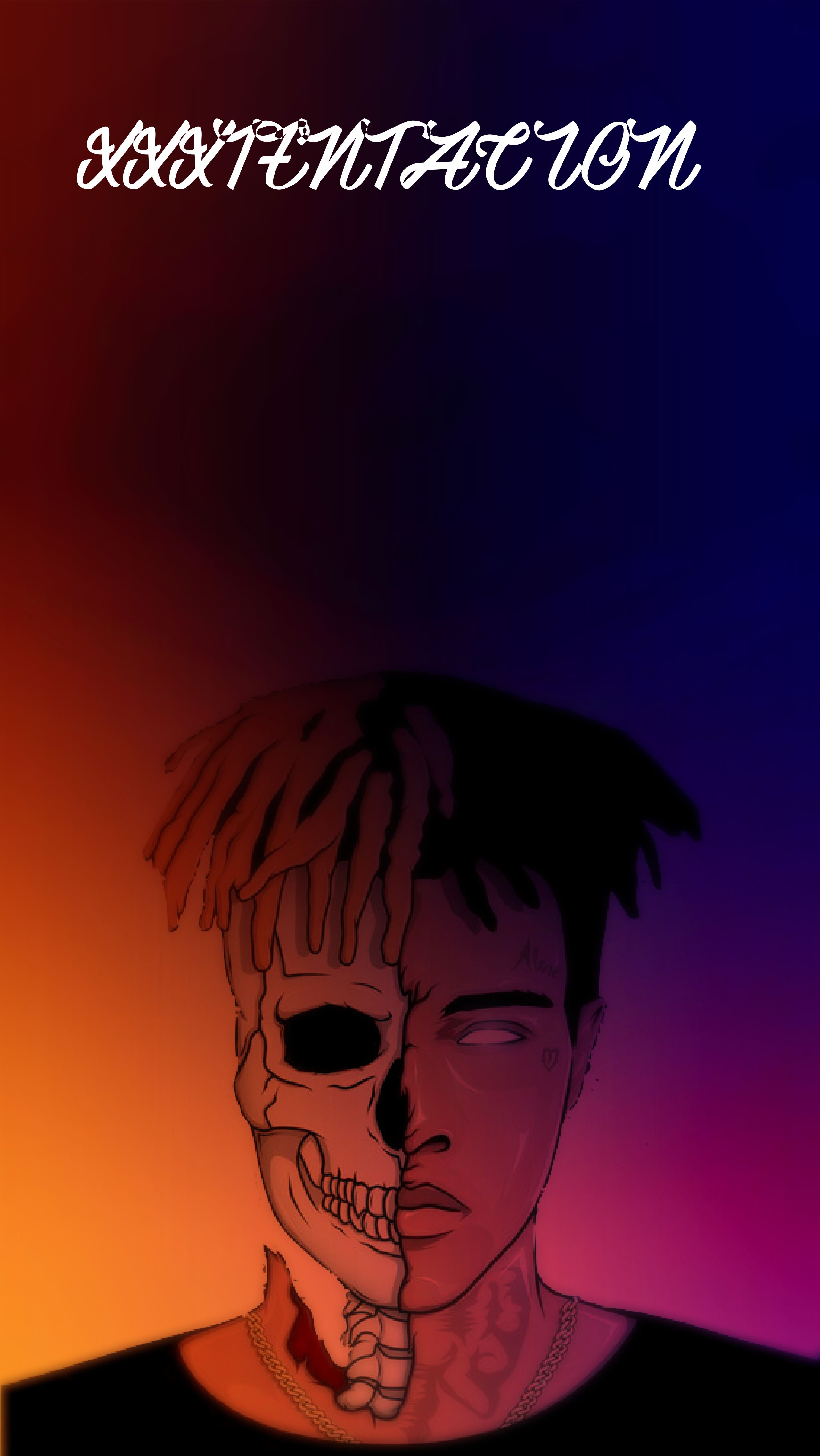 XXXTentacion, Halber Totenkopf, Illustration, Farbverlauf, Orange, QHD+, Handy-Hintergrundbild