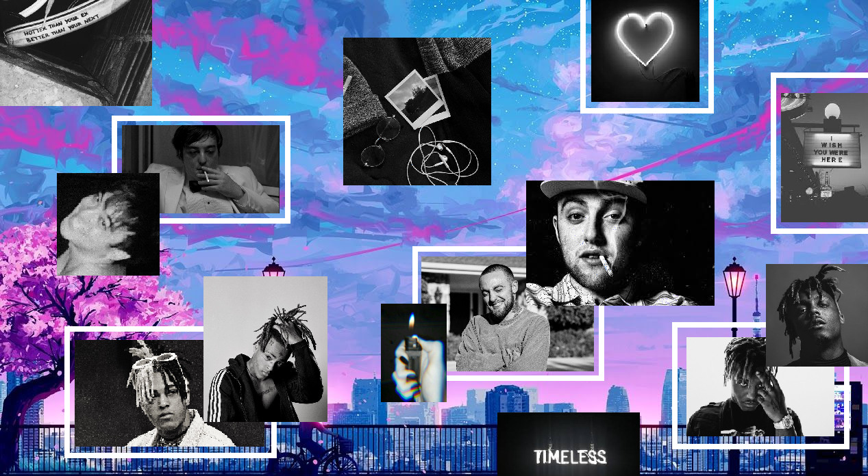 XXXTentacion, Mac Miller, Juice WRLD, Collage, Timeless, Lila Himmel, Herz, Hintergrundbild