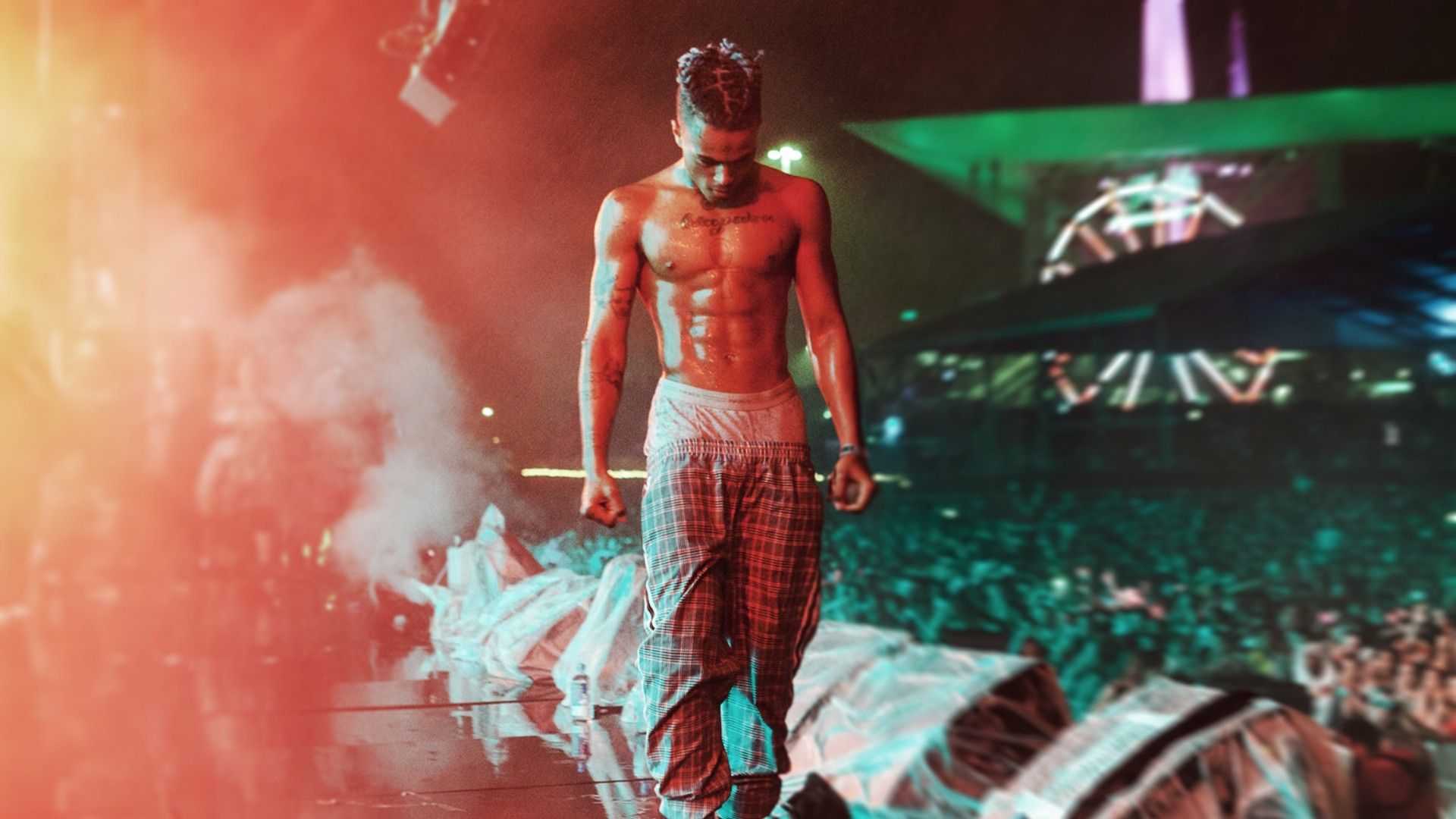 XXXTentacion, Konzert, Oberkörperfrei, Bühne, Rauch, Publikum, Full HD, Desktop-Hintergrund
