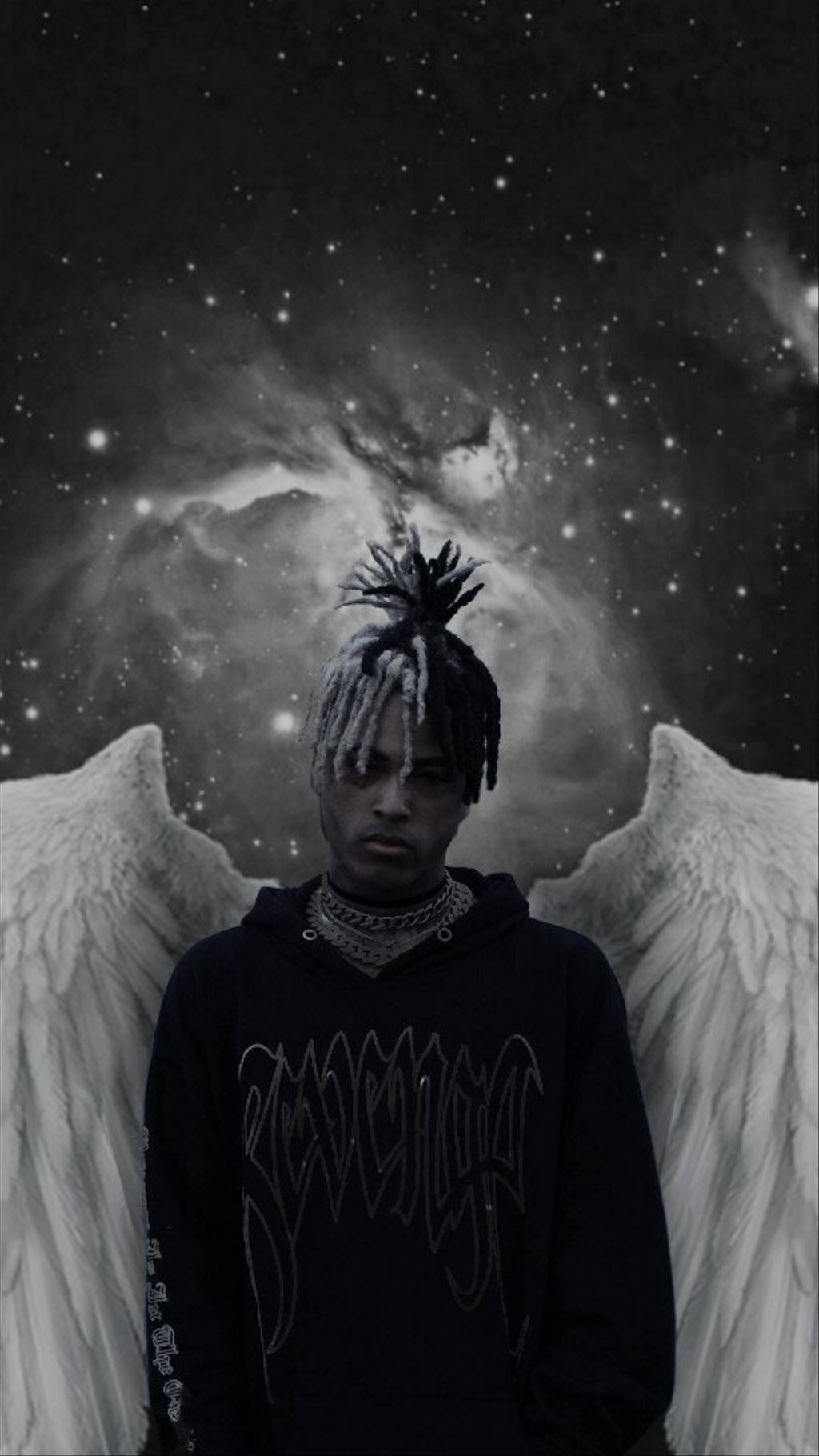 XXXTentacion, Engelsflügel, Weltall, Schwarz-Weiß, Kapuzenpullover, Android-Hintergrundbild