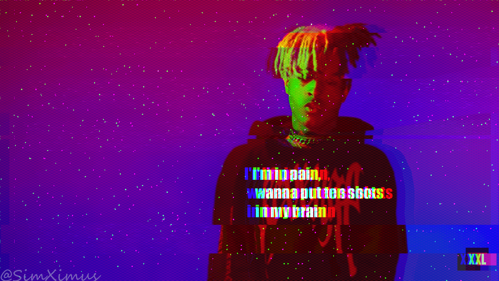 XXXTentacion, XXL Freshman, Songtext, Bunte Dreadlocks, Lila, Glitch-Effekt, Full-HD-Hintergrund