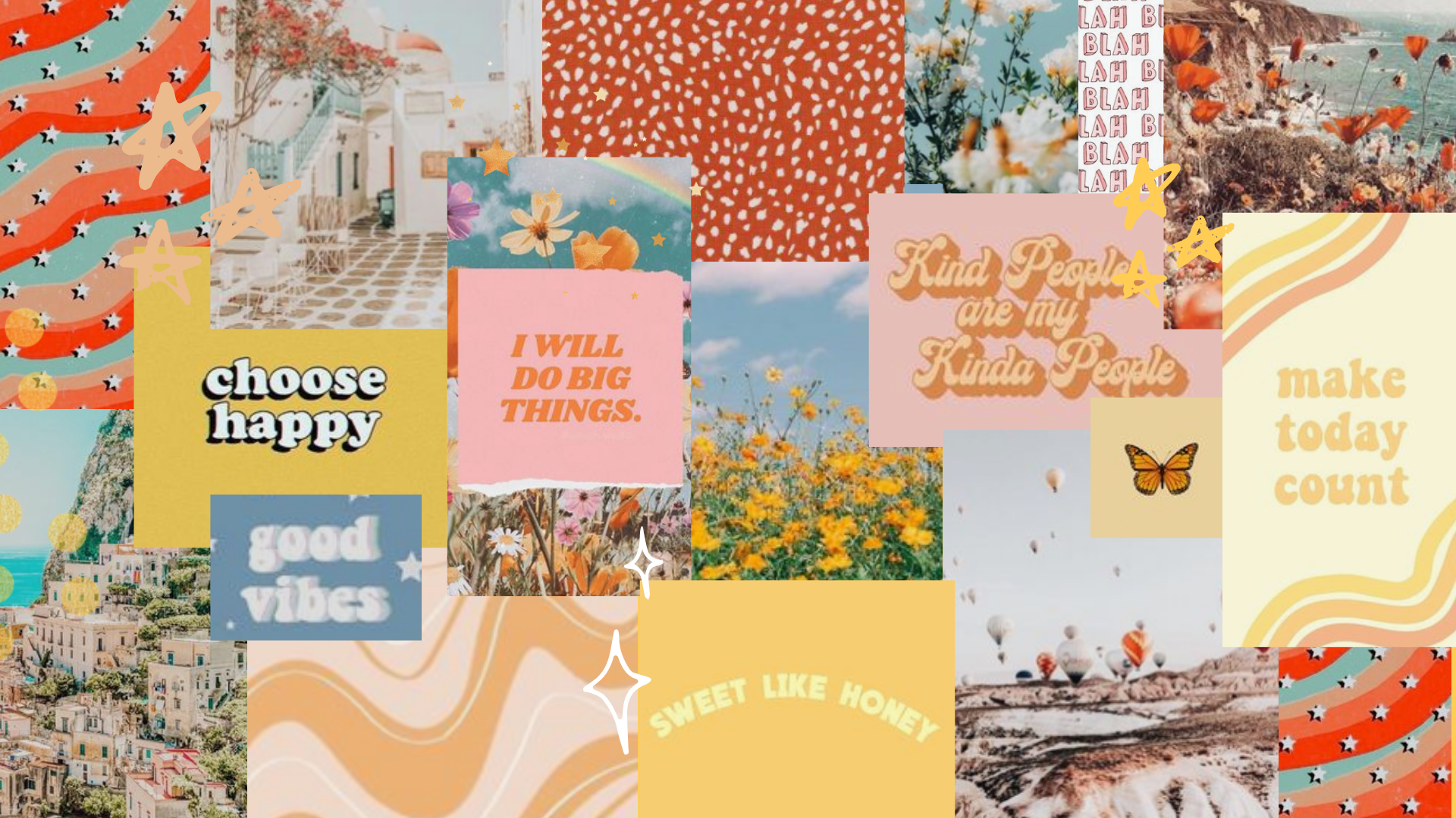 Collage, Retro-Stil, Good Vibes, Positive Sprüche, Orange Töne, Sommer, 1920x1080, PC-Hintergrundbild