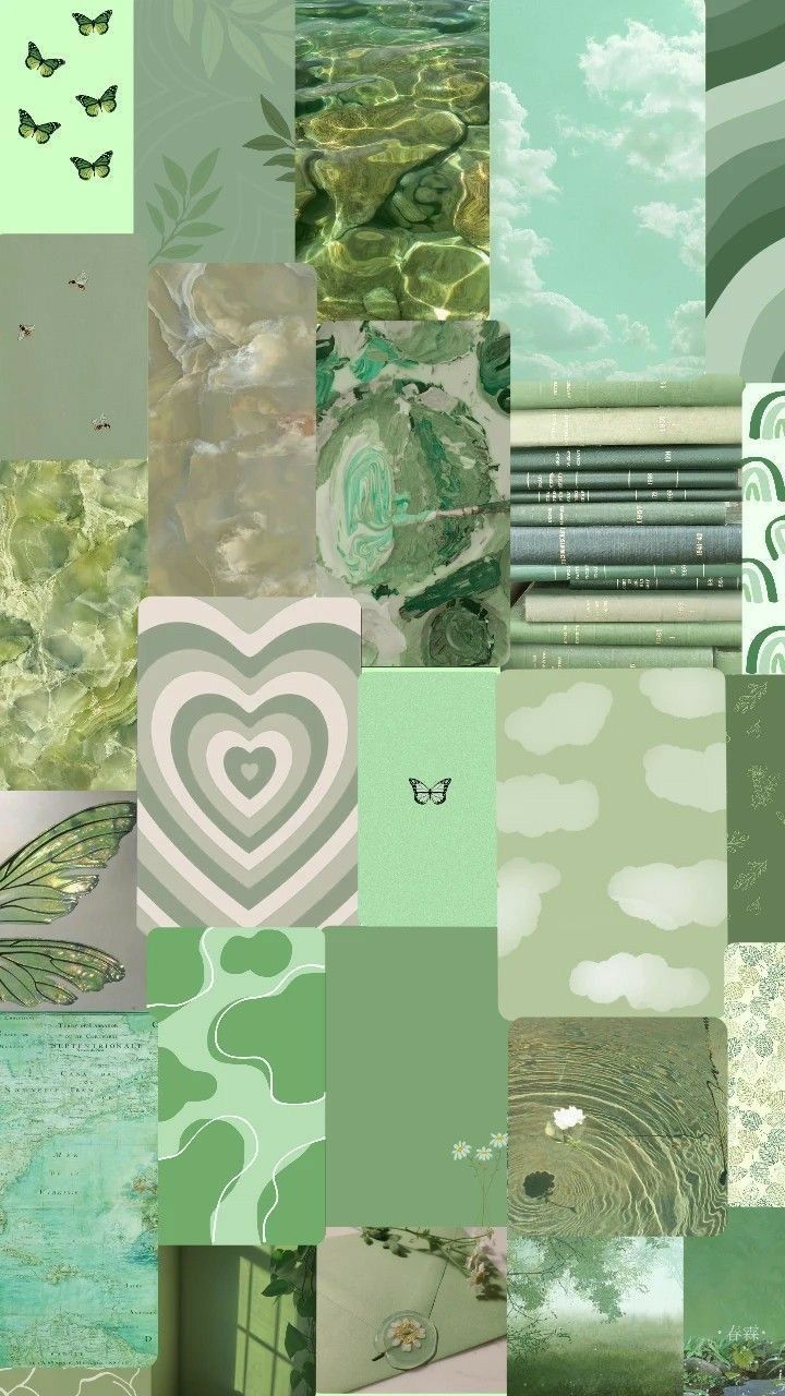Collage, Salbeigrün, Herz, Ästhetik, Pastellgrün, Hintergrundbild für iPhone und Android