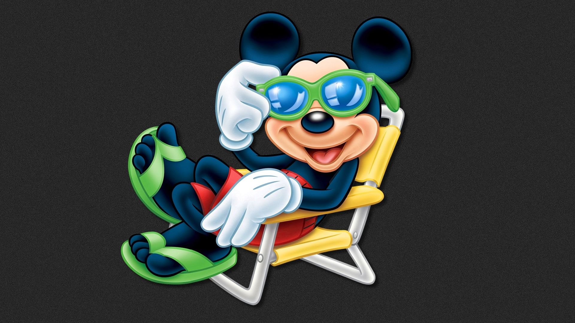Micky Maus, Disney, Liegestuhl, Sonnenbrille, Dunkelgrauer Hintergrund, Full HD Wallpaper
