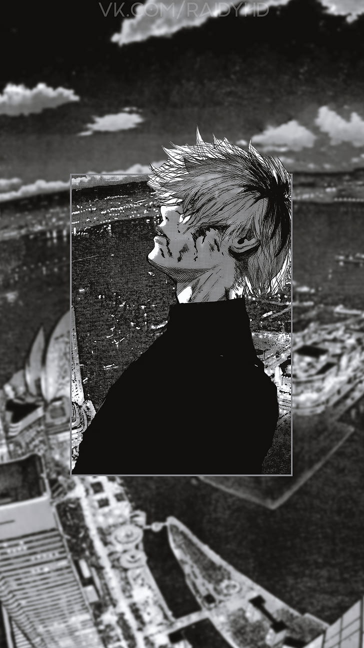 Anime-Junge, Manga, Schwarz-Weiß, Stadt, Wolken, HD, Handy-Hintergrund im Hochformat