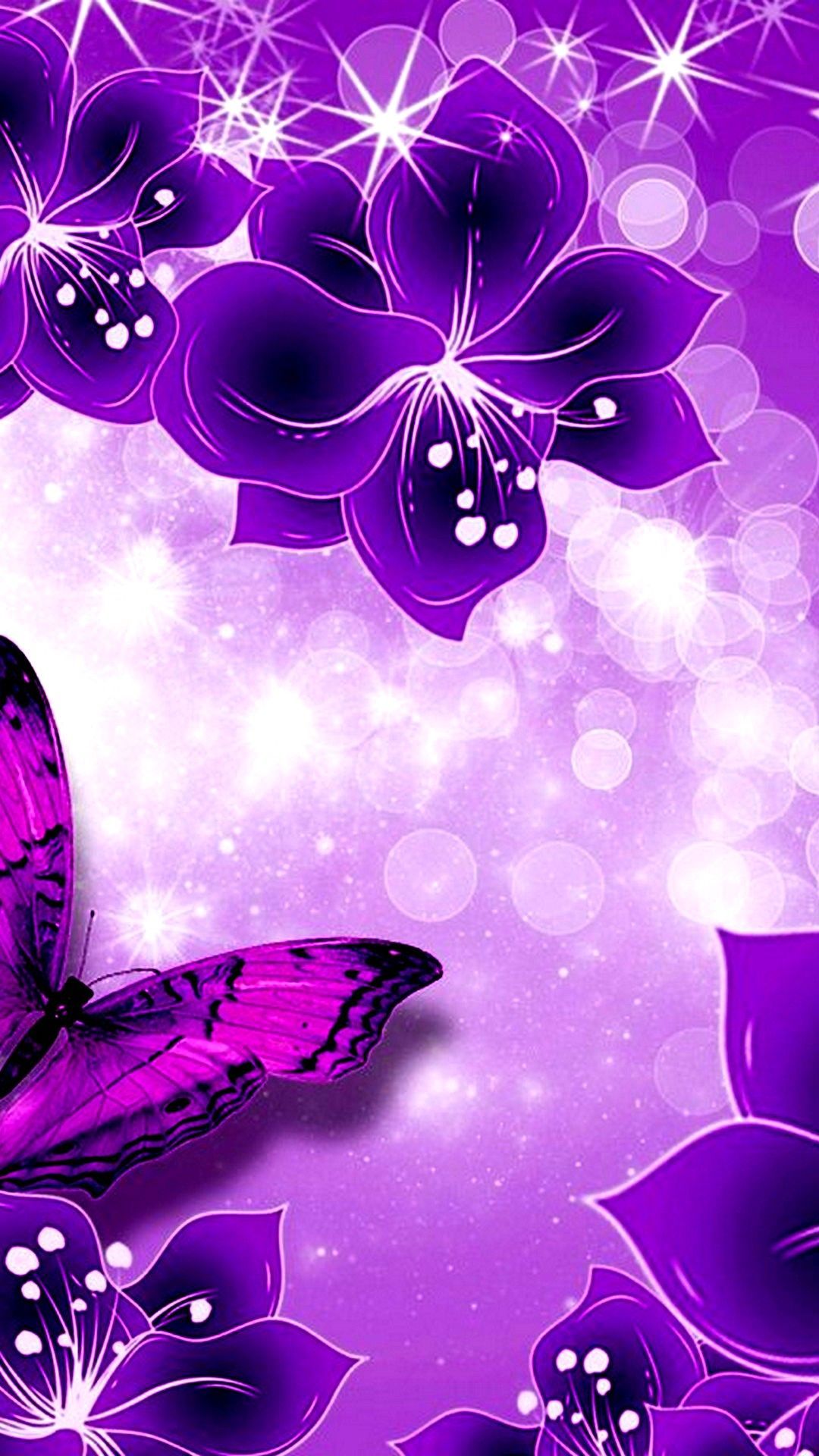 Blumen, Schmetterling, Lila, Glitzer, Funkeln, Full HD, Handy-Hintergrund im Hochformat