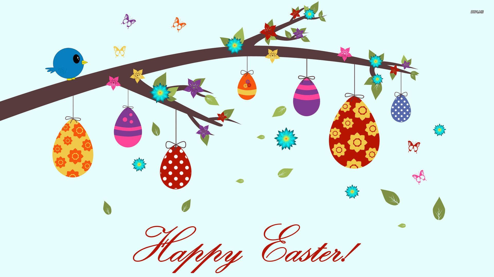 Happy Easter, Ostereier, Ast, Vogel, Schmetterlinge, Illustration, Full HD, Breitbild-Hintergrundbild