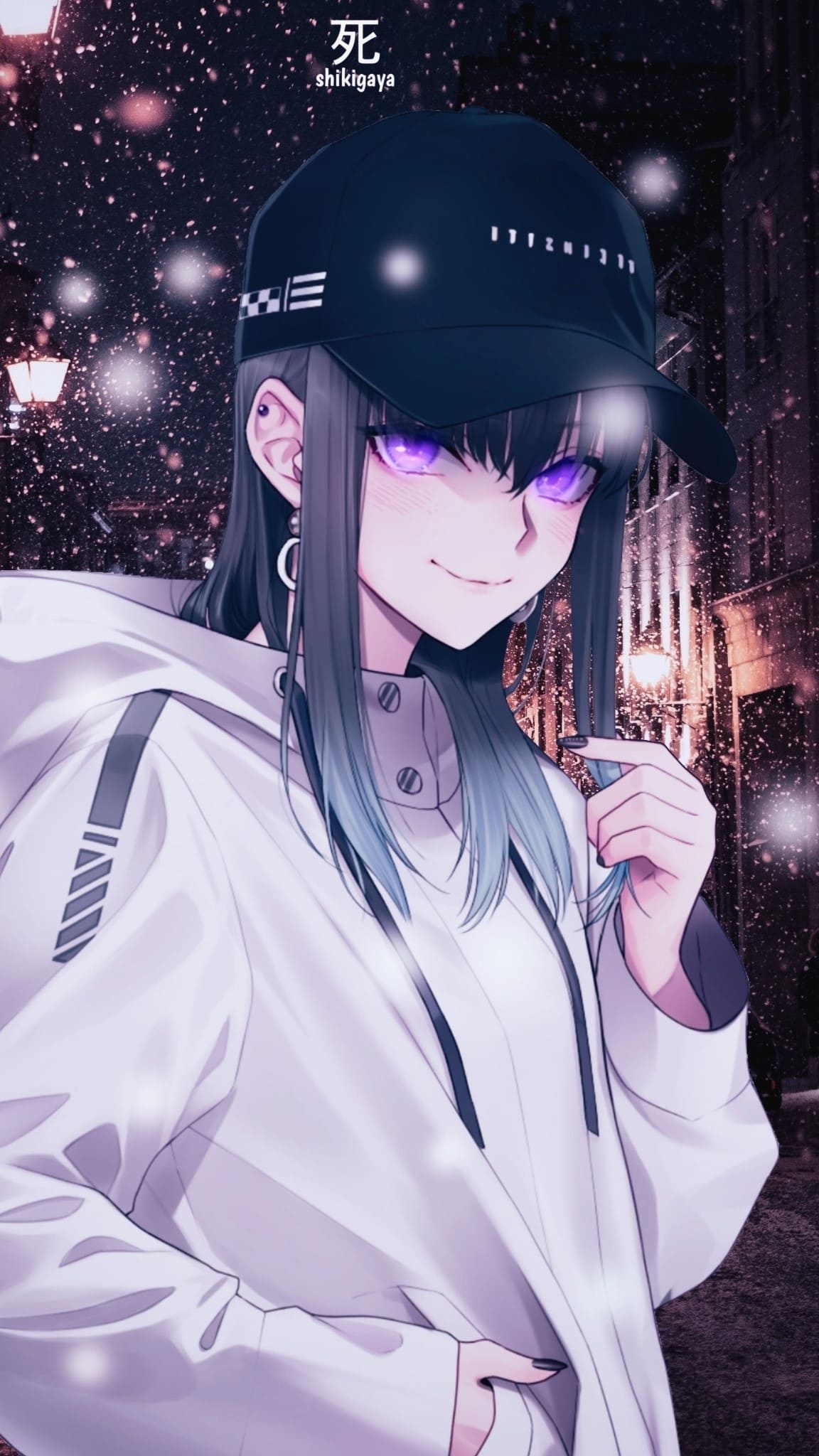 Anime-Mädchen, Basecap, Hoodie, Nacht, Lila Augen, Full HD, Sperrbildschirm fürs iPhone