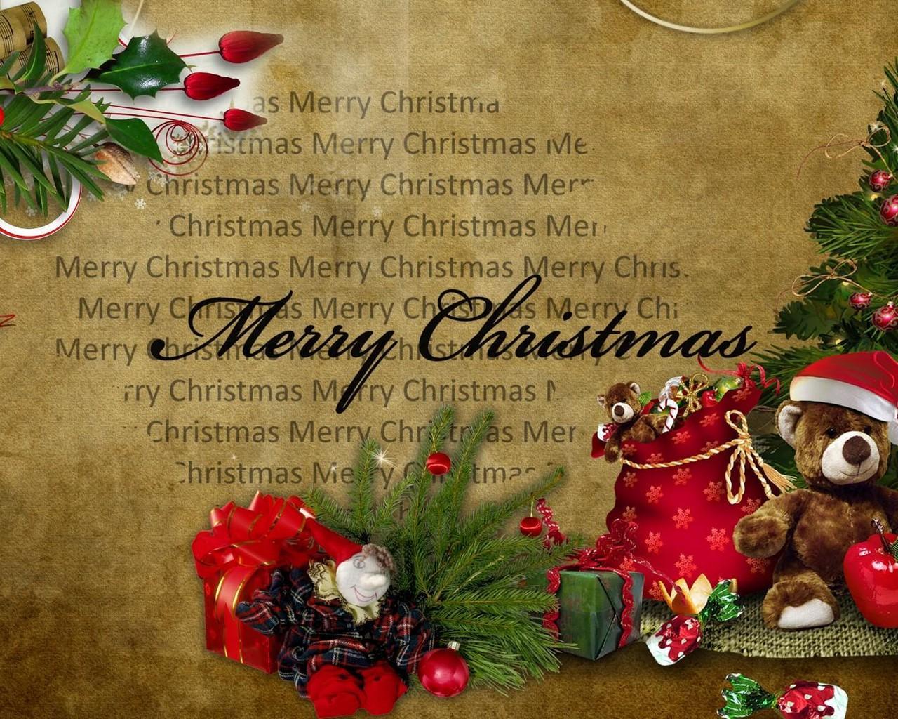 Merry Christmas, Teddybär, Weihnachtsdeko, Tannenzweige, Vintage, Goldbraun, HD Wallpaper