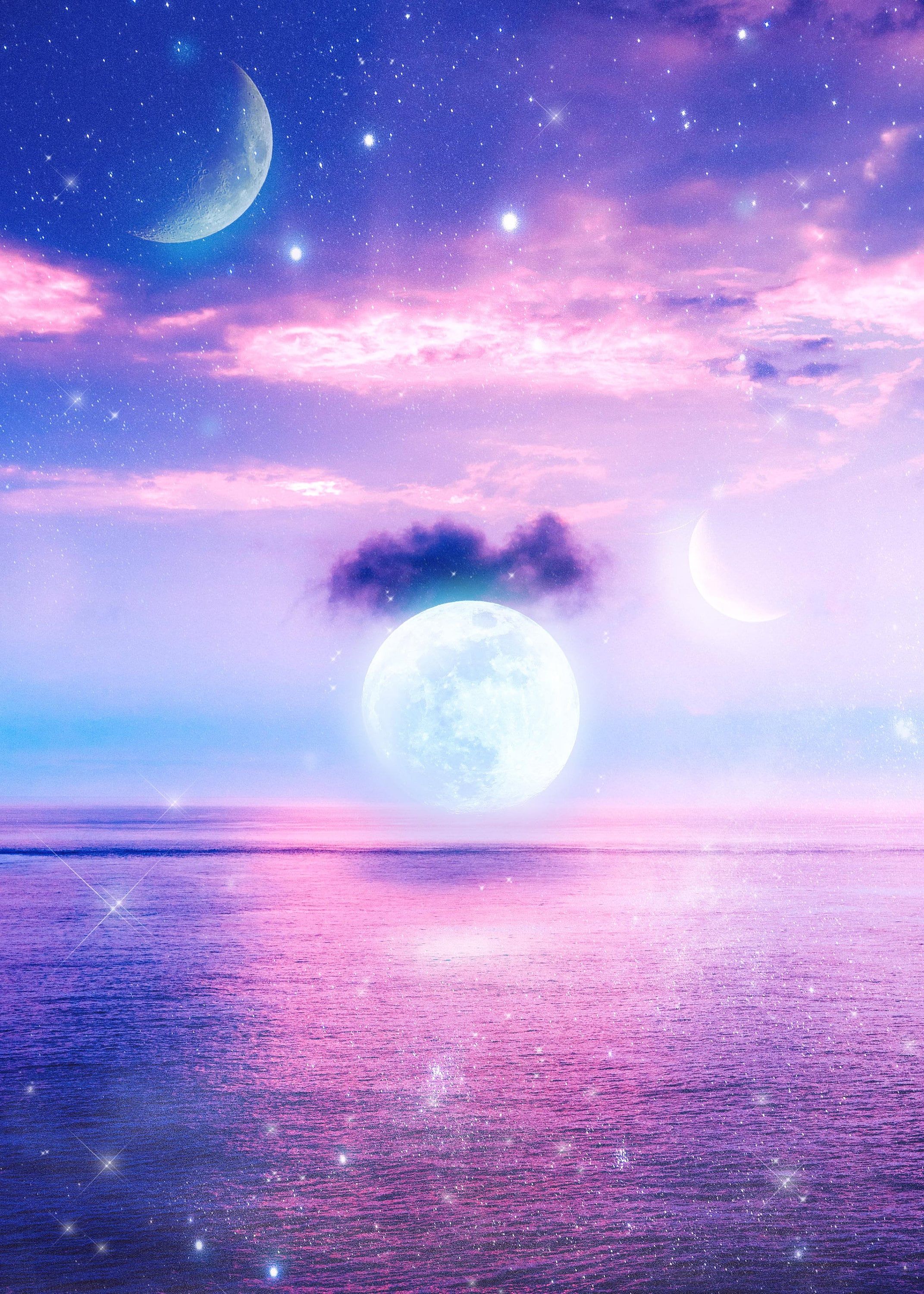 Vollmond, Meer, Wolken, Lila Himmel, Fantasie, Sterne, QHD+, Hintergrundbild fürs Tablet