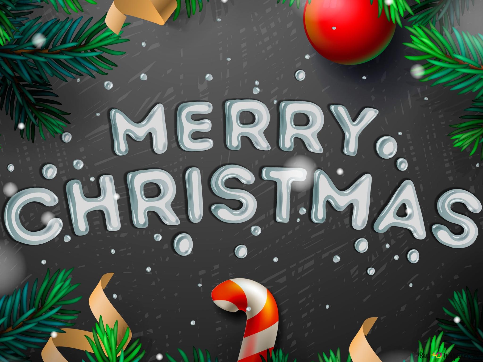 Merry Christmas, Zuckerstange, Christbaumkugel, Tannenzweige, Tafel, Schriftzug, Tablet-Hintergrund
