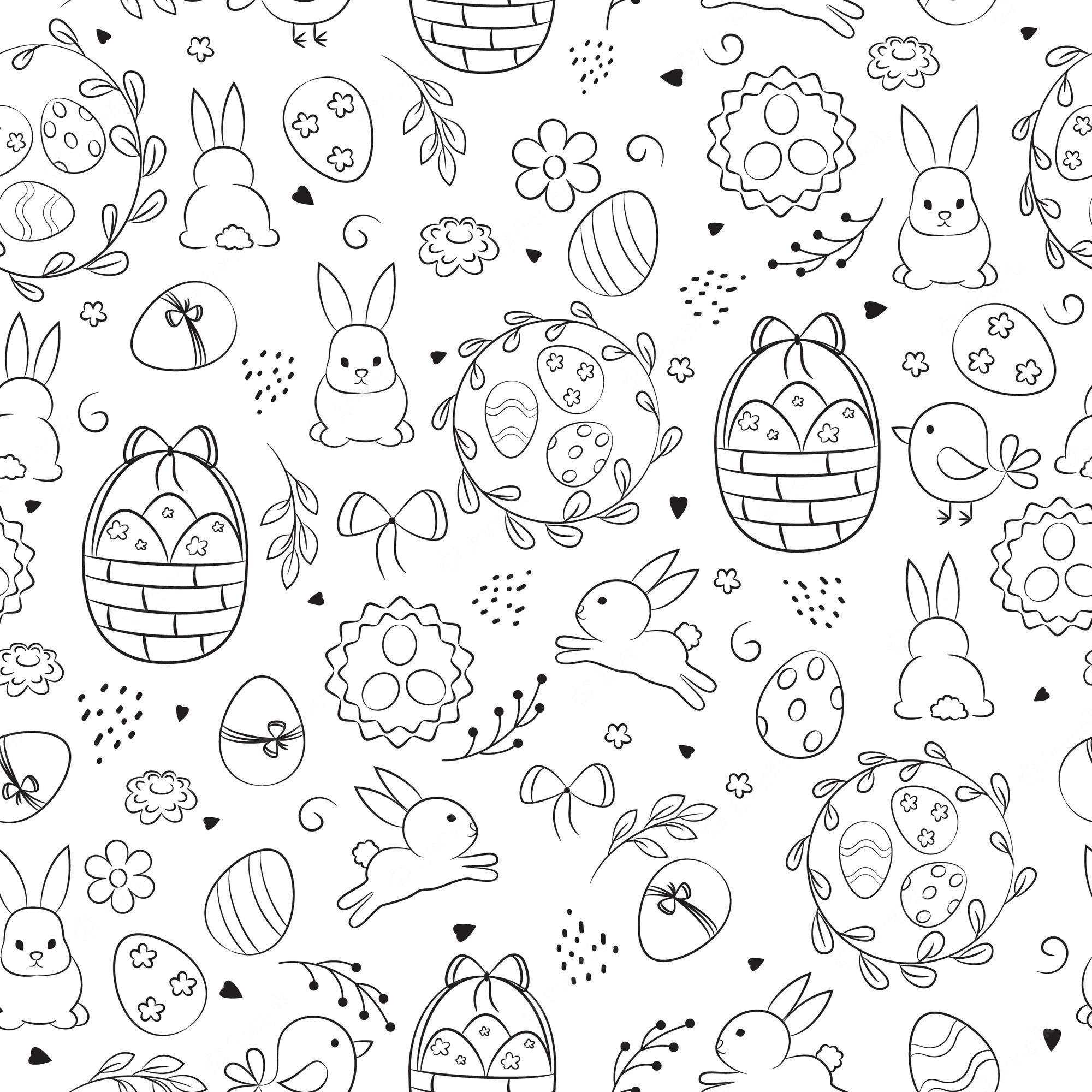 Ostern, Osterhasen, Ostereier, Strichzeichnung, Schwarz-Weiß, Muster, Full HD, iPad-Hintergrundbild