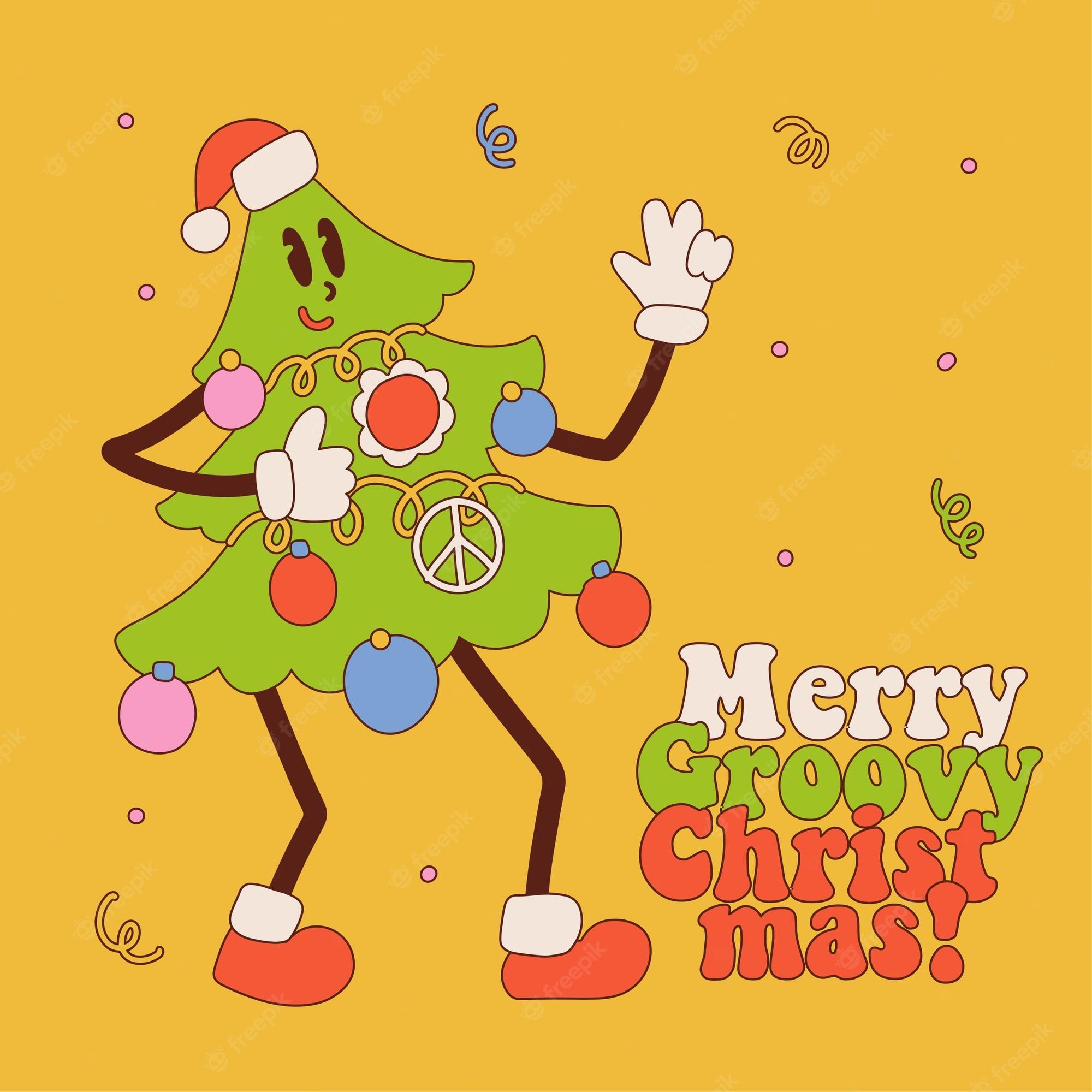Merry Groovy Christmas, Tannenbaum, Comicfigur, Retro, Gelber Hintergrund, Peace-Zeichen, Full HD Wallpaper