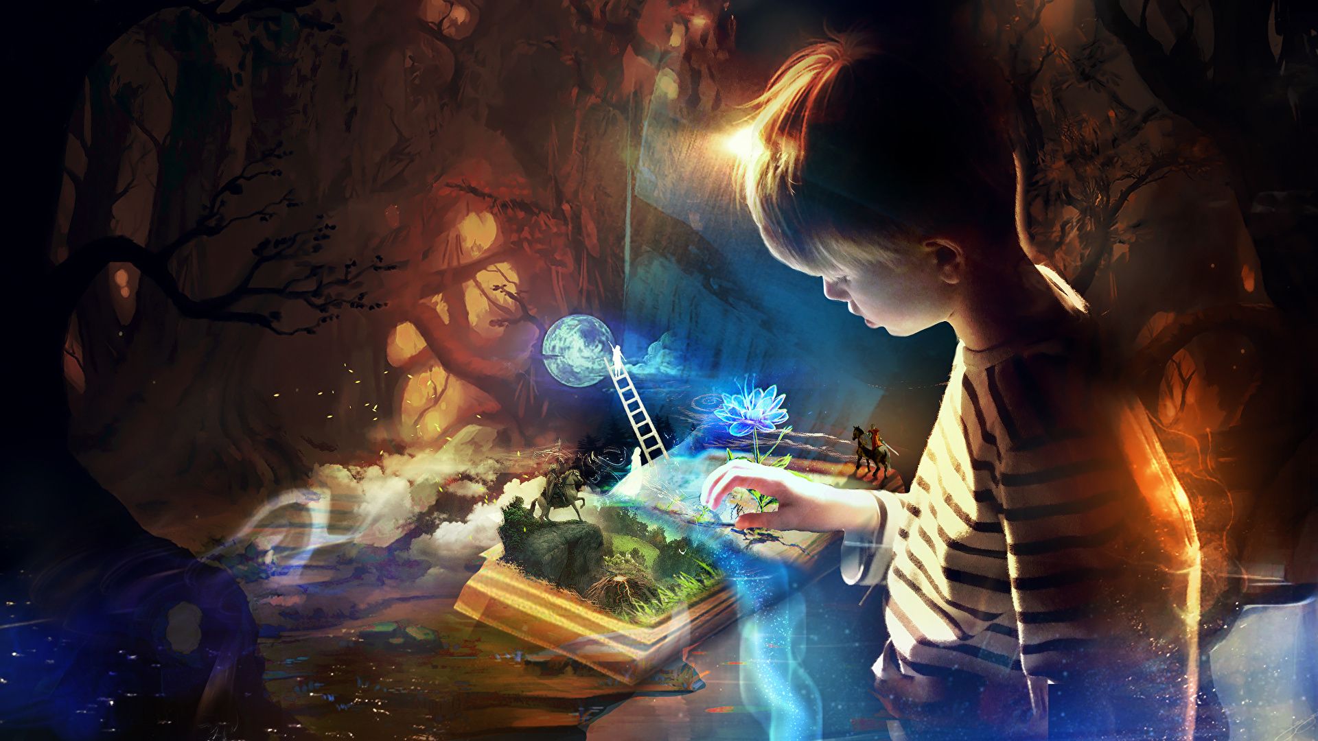 Junge, Zauberbuch, Fantasy, Magie, Digitale Kunst, 1920x1080, Full-HD-Hintergrundbild für PC