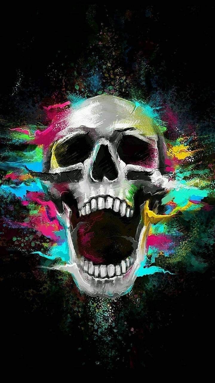 Totenkopf, Farbspritzer, Bunt, Schwarzer Hintergrund, Digitale Kunst, Sperrbildschirm fürs iPhone