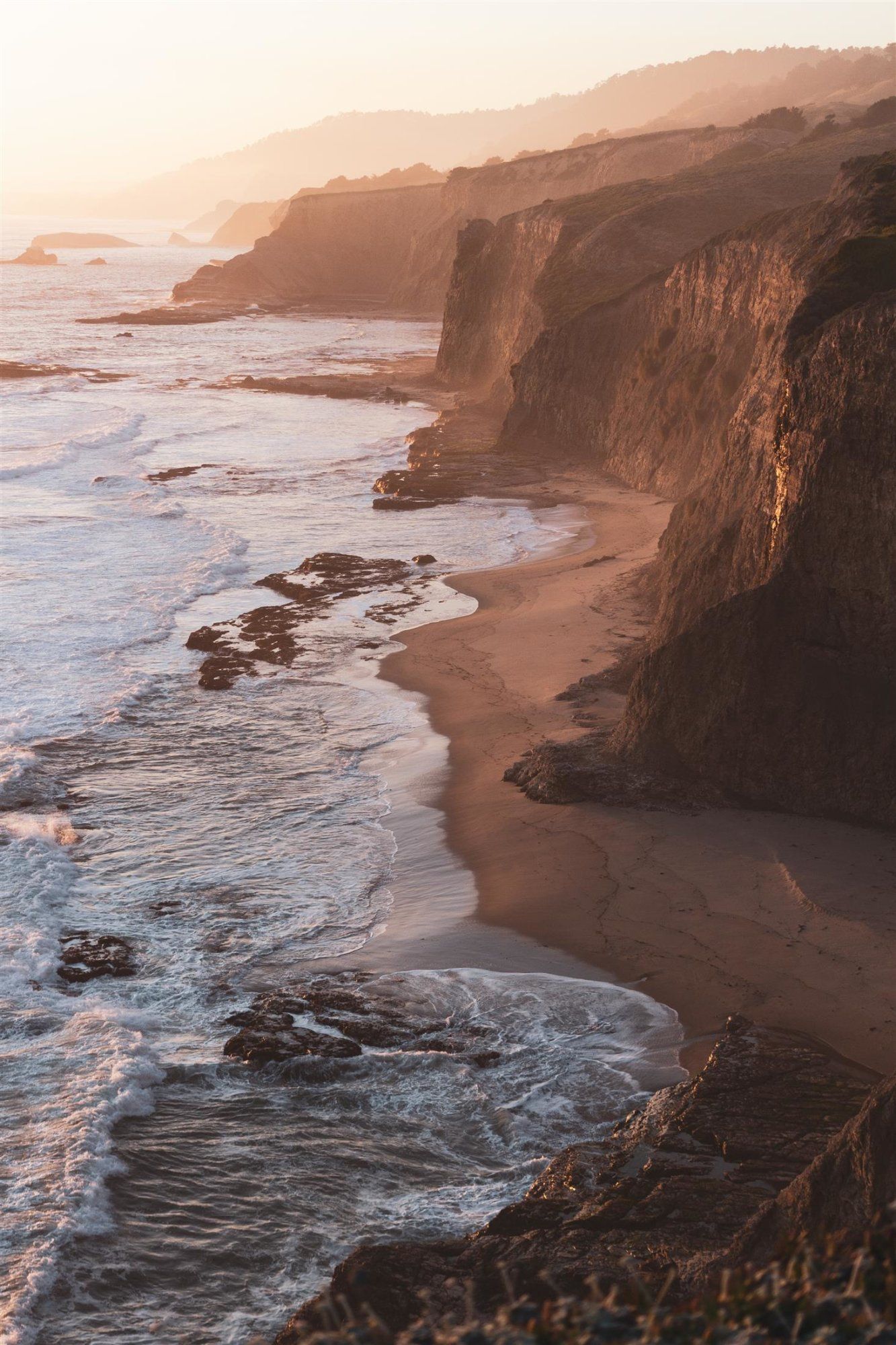 Steilküste, Strand, Brandung, Luftaufnahme, Abendlicht, Full HD, Hintergrundbild fürs Handy