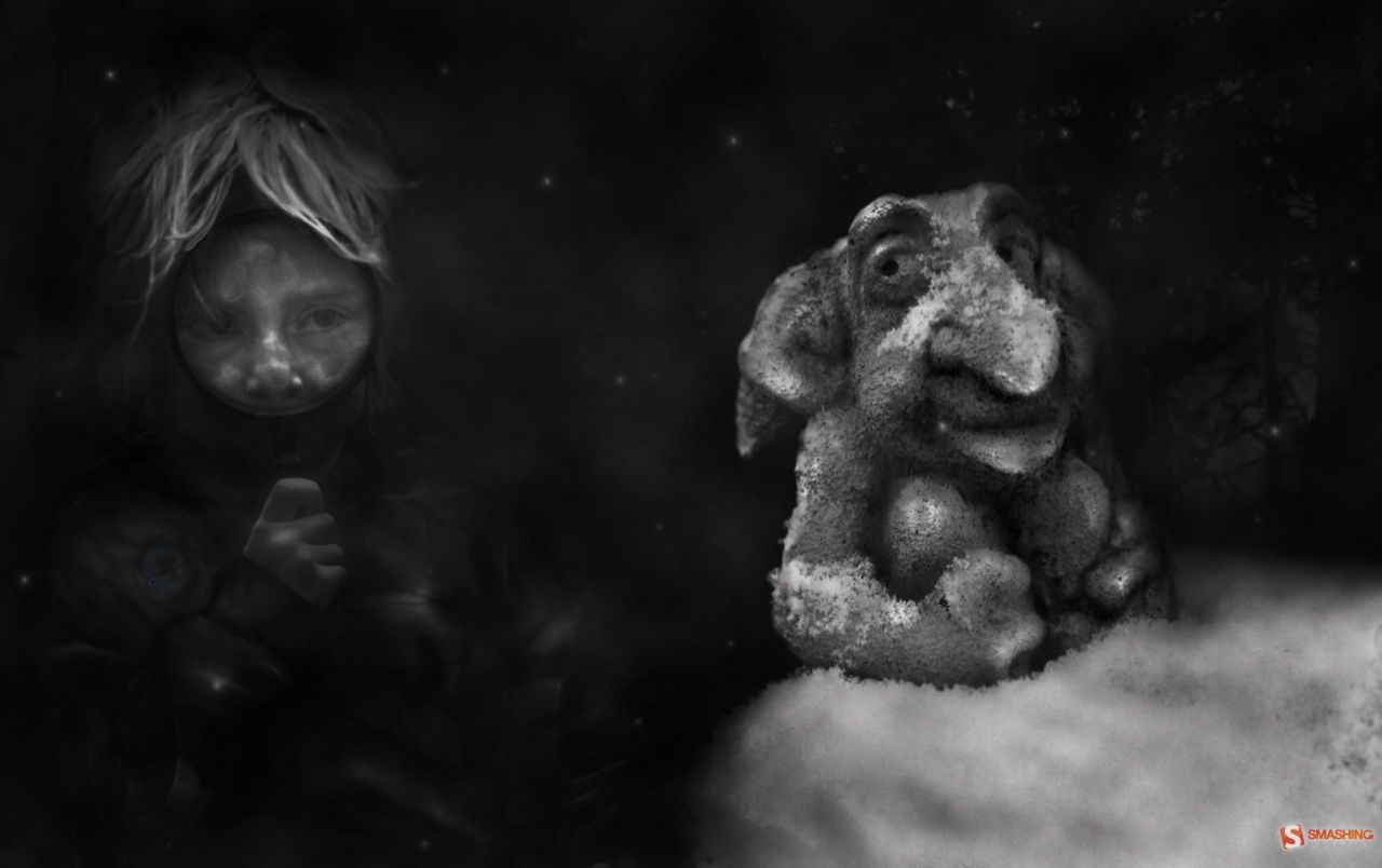 Kind, Troll-Figur, Schwarz-Weiß, Fantasy, Dunkel, 16:10, HD-Hintergrundbild für den Desktop