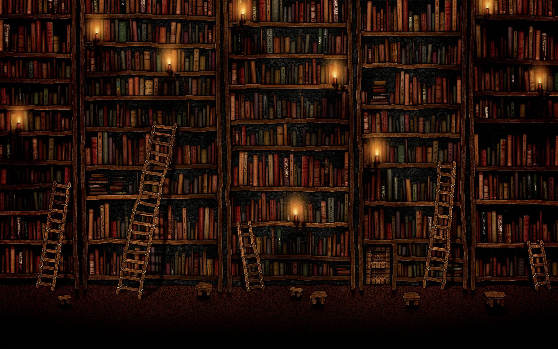 Bücherregale, Leitern, Kerzenlicht, Dunkel, Full HD, Desktop-Hintergrund für Windows