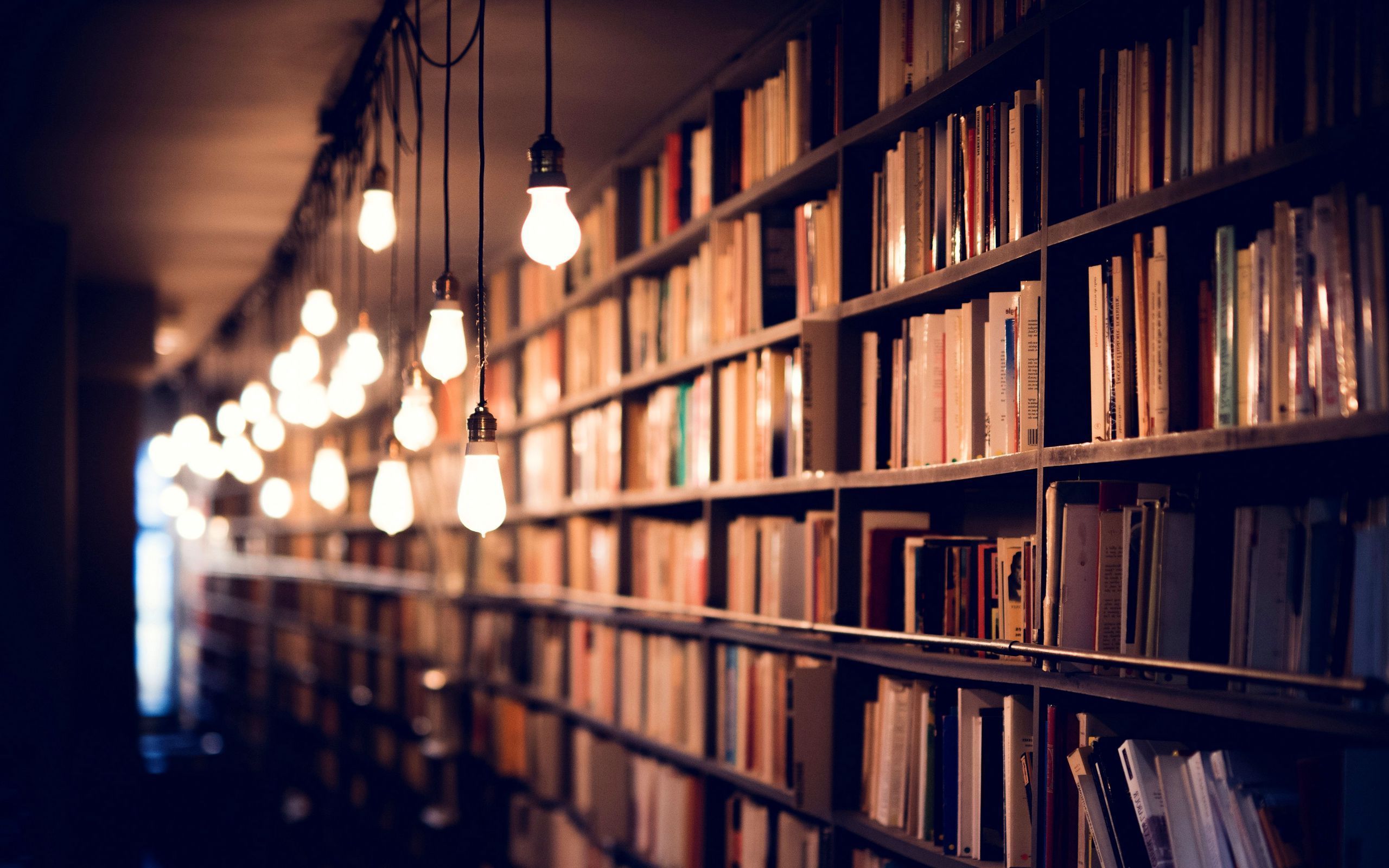 Bücherregale, Glühbirnen, Lichterkette, Gang, 16:10, 2K-Hintergrundbild für den Desktop
