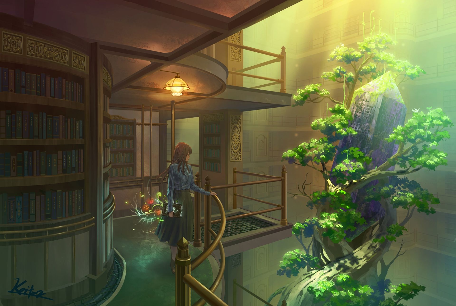 Anime-Stil, Wendeltreppe, Baum, Mädchen, Full HD, Desktop-Hintergrund für Windows