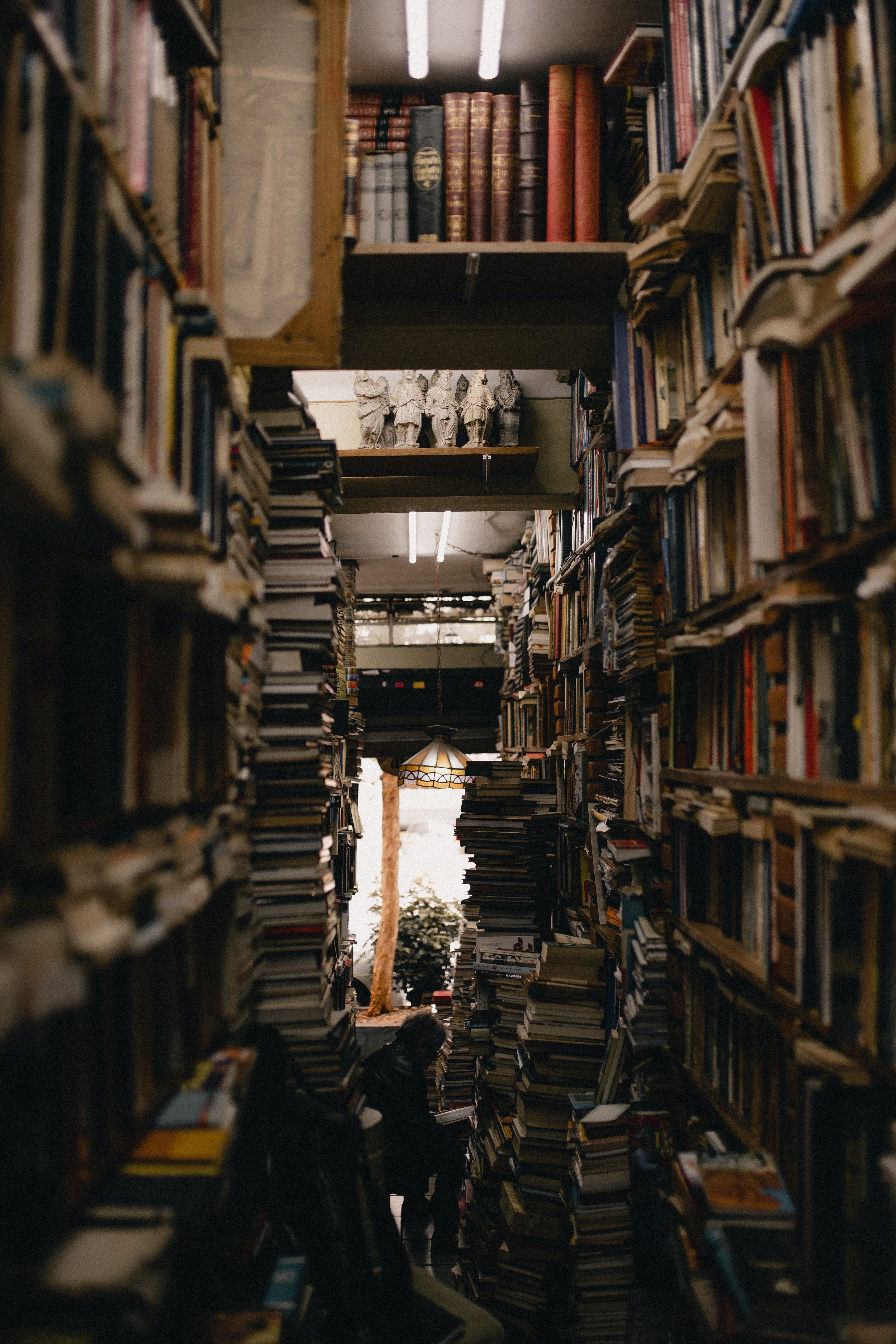 Bücherstapel, Gang, Antiquariat, Dunkel, QHD+, Hintergrundbild fürs Handy